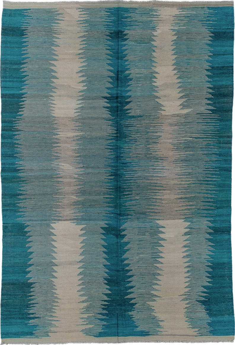8' x 11' one-of-a-kind handmade vintage Kilim large size rug. Color palette: black, blue, dim gray, gainsboro, gray, green