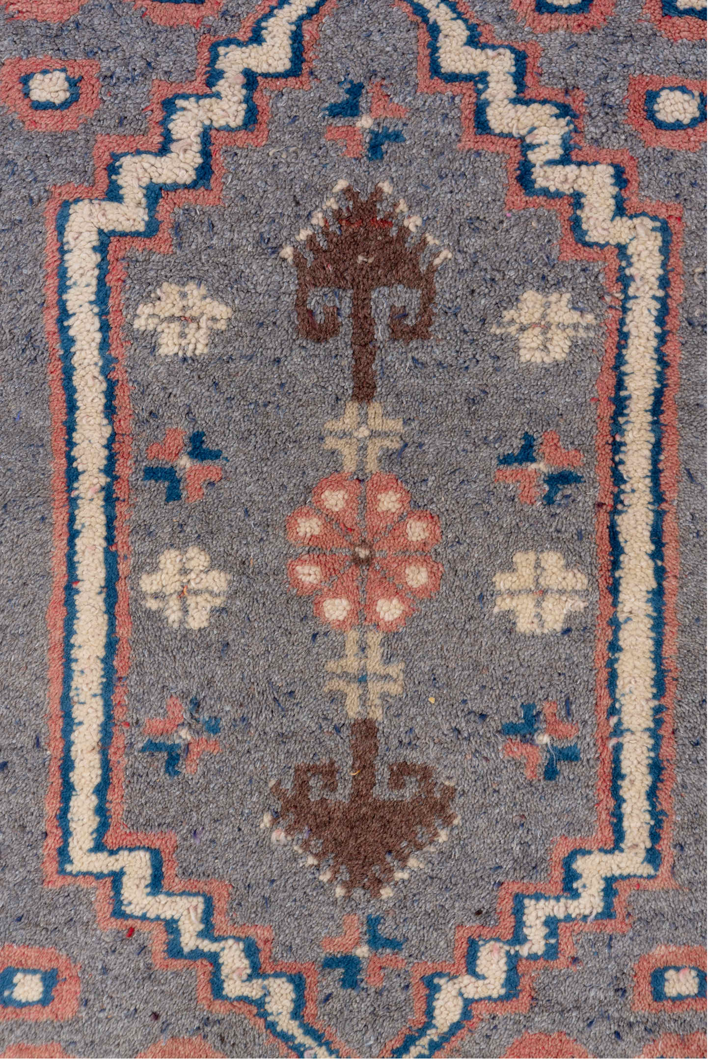 2' x 3' one-of-a-kind handmade vintage Oushak small size rug. Color palette: blue, brown, gray, light gray, pink, red