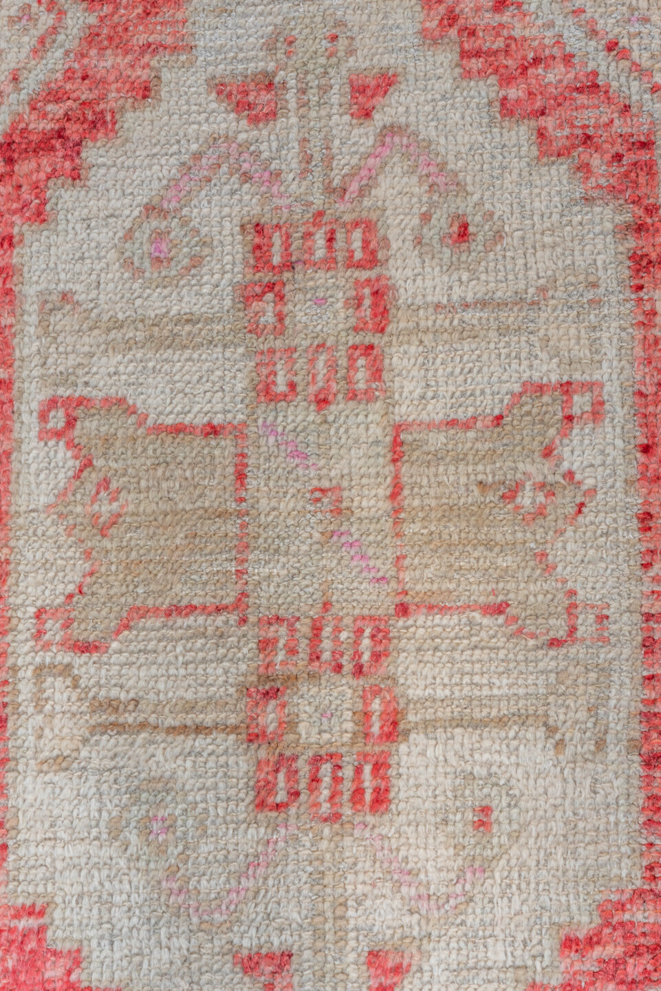 2' x 8' one-of-a-kind handmade vintage Oushak runner rug. Color palette: red, pink, brown, off-white, gray, light gray, snow