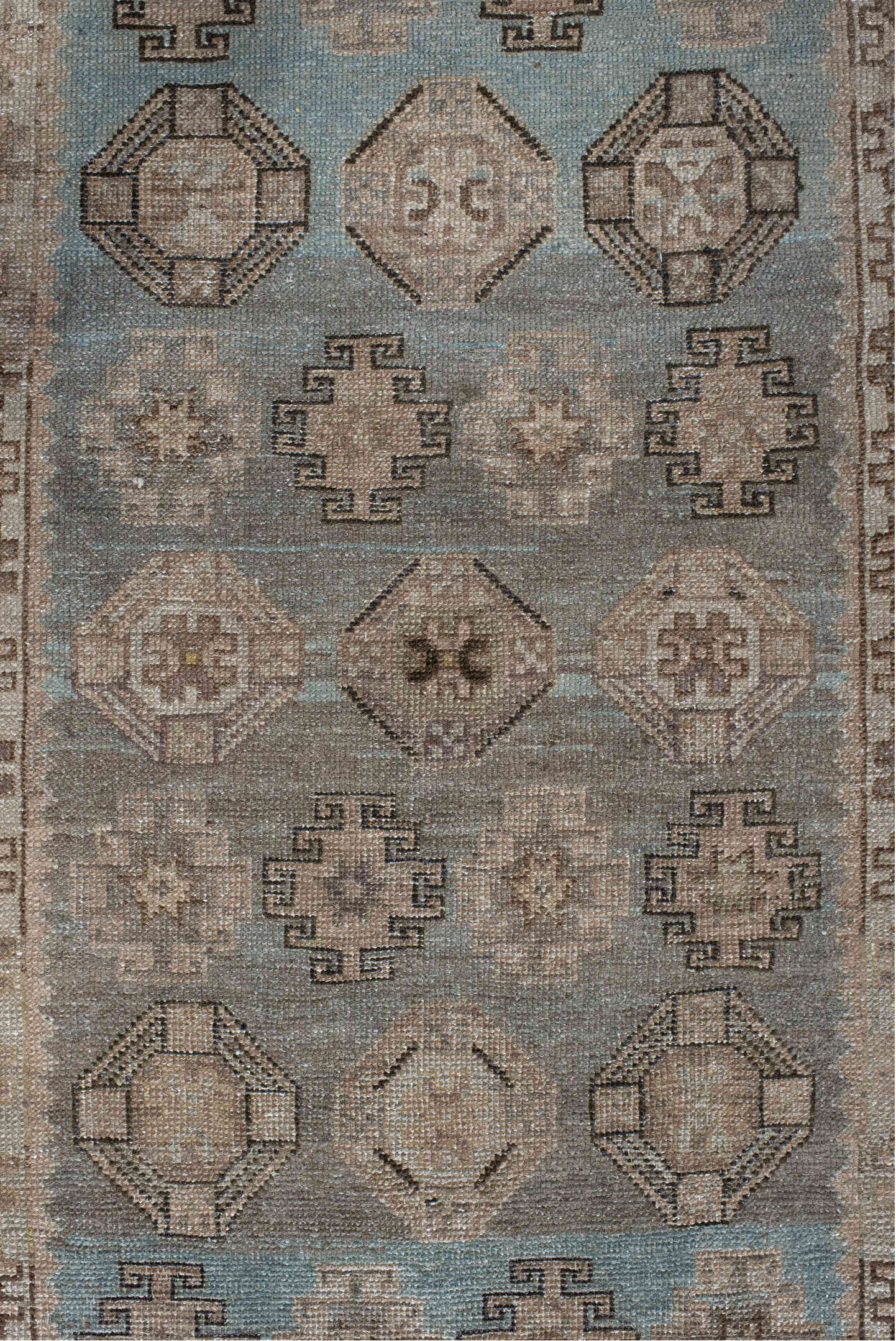 3' x 9' one-of-a-kind handmade vintage Malayer runner rug. Color palette: gray, light gray, off-white, dim gray, silver