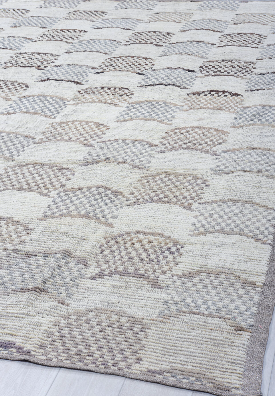 9' x 12' one-of-a-kind handmade vintage Tulu large size rug. Color palette: dark gray, dim gray, gainsboro, gray, light blue