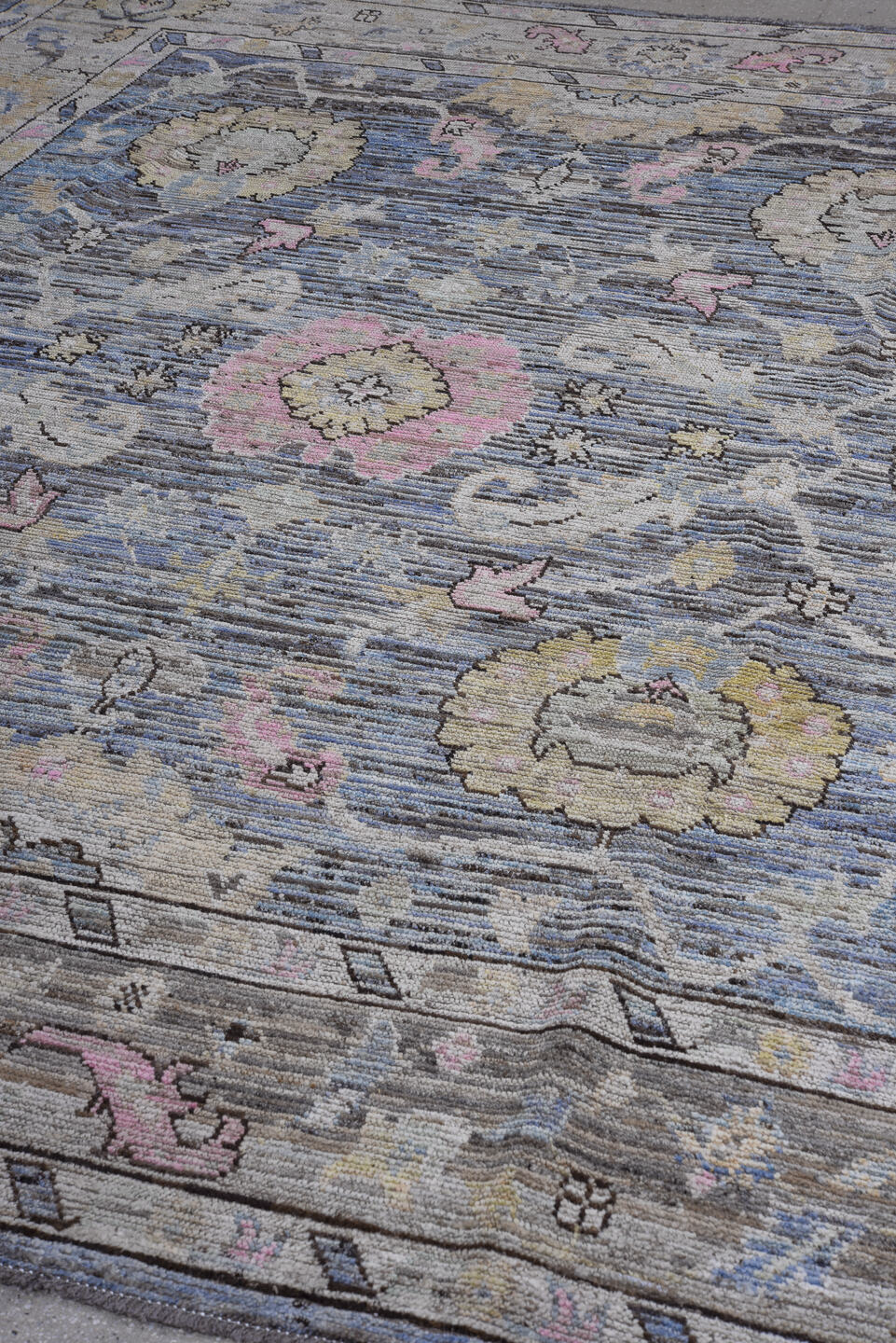 9' x 11' one-of-a-kind handmade vintage Oushak large size rug. Color palette: black, blue, charcoal, gray, light blue