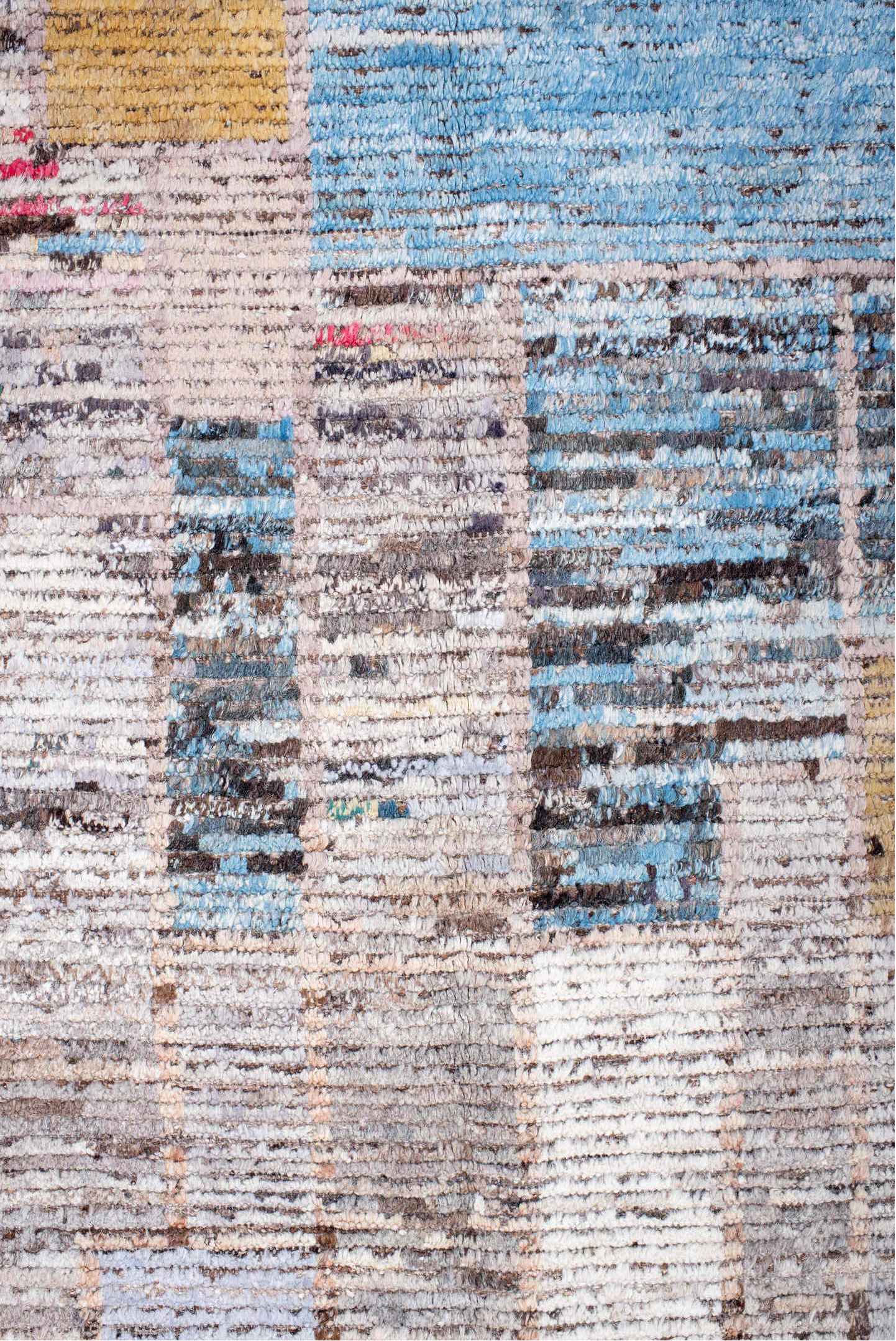 10' x 13' one-of-a-kind handmade vintage Tulu large size rug. Color palette: blue, brown, gray, lavender blush, light blue