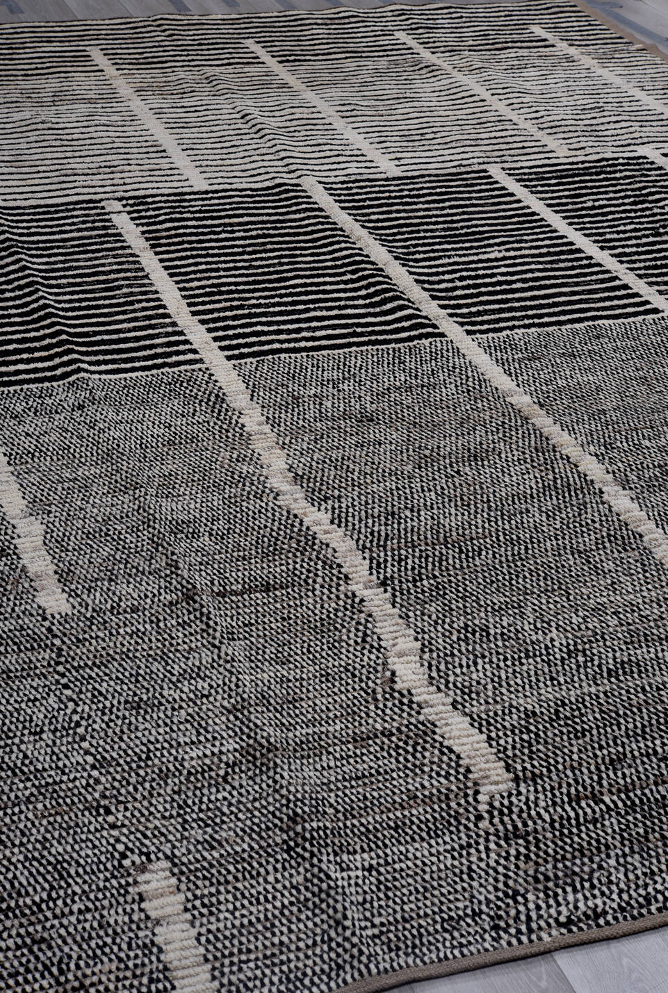 10' x 13' one-of-a-kind handmade vintage Tulu large size rug. Color palette: black, charcoal, dark gray, dim gray, gainsboro