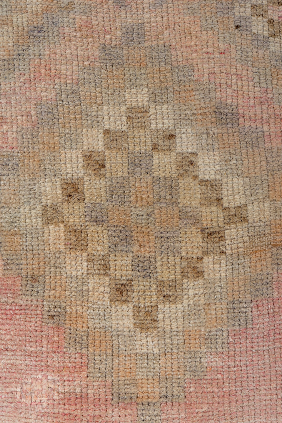 2' x 12' one-of-a-kind handmade vintage Kars runner rug. Color palette: brown, off-white, orange, pink, snow, white