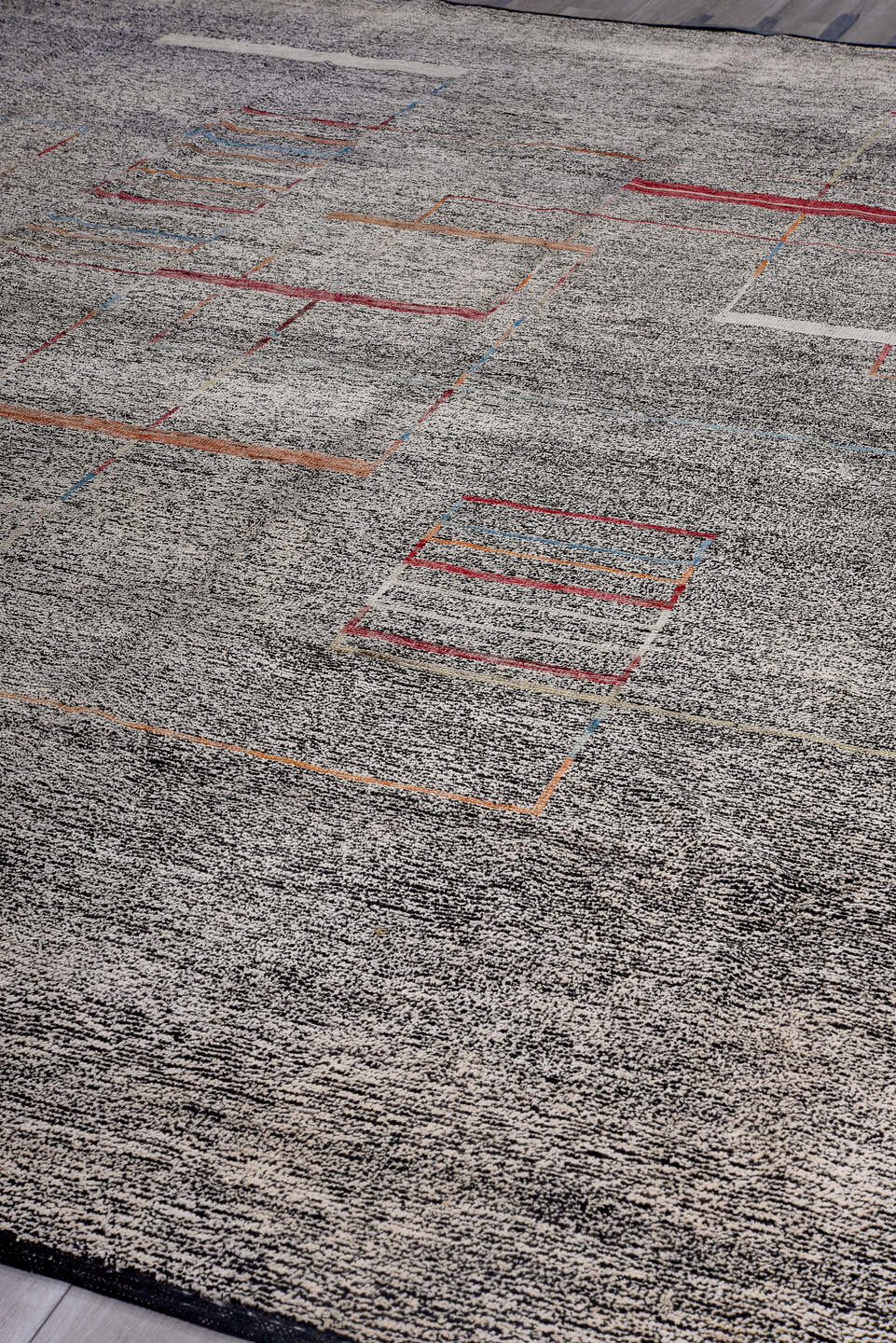 12' x 15' one-of-a-kind handmade vintage Tulu oversize rug. Color palette: black, brown, dark gray, dim gray, gray