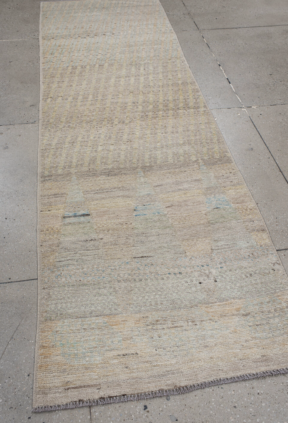 2' x 9' one-of-a-kind handmade vintage Kilim runner rug. Color palette: dim gray, gainsboro, gray, light gray, linen