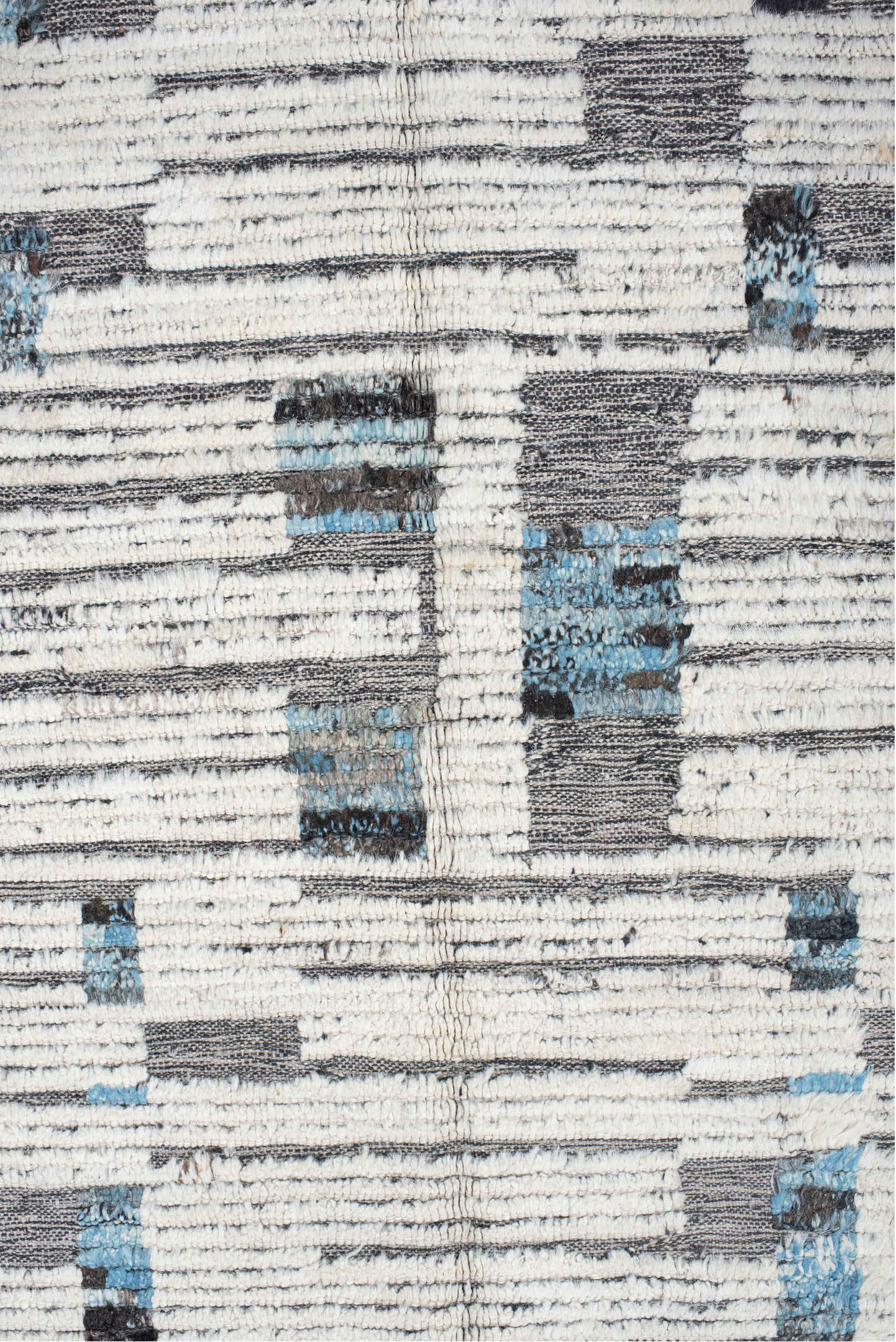 10' x 13' one-of-a-kind handmade vintage Tulu large size rug. Color palette: gray, off-white, light gray, black, light blue