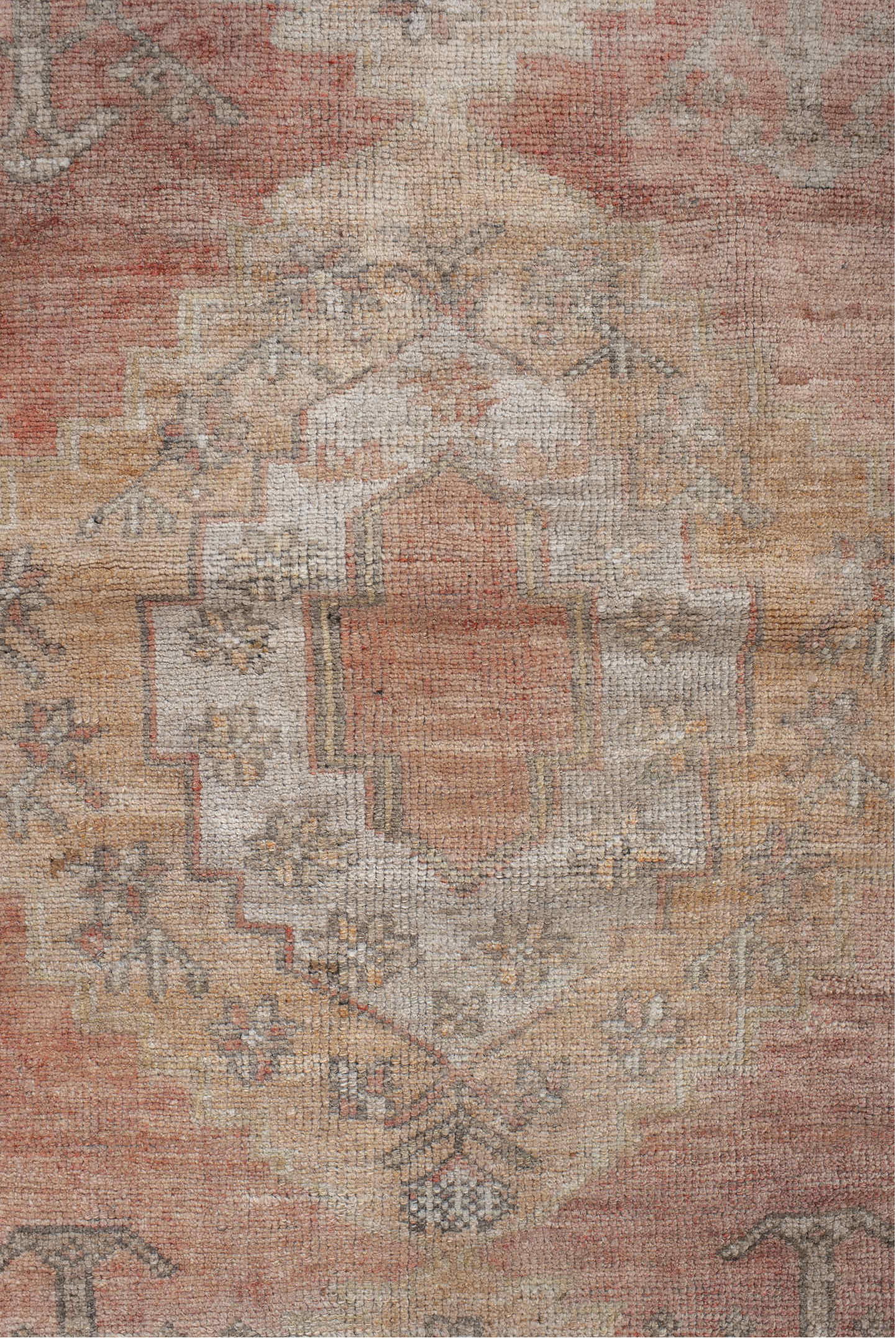 3' x 6' one-of-a-kind handmade vintage Anatol small size rug. Color palette: brown, gray, light gray, off-white, pink