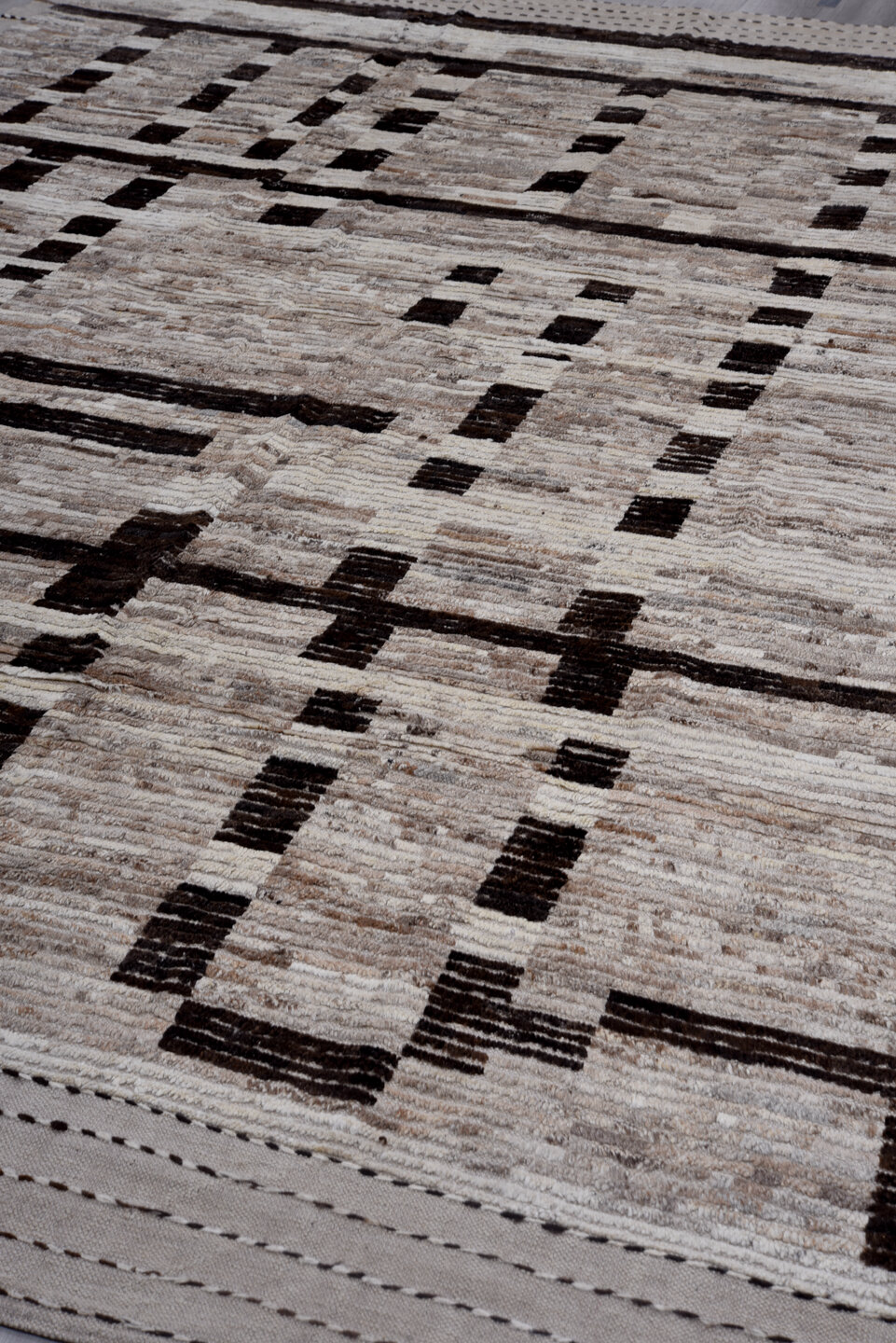 10' x 13' one-of-a-kind handmade vintage Tulu large size rug. Color palette: black, brown, dark gray, gainsboro, gray