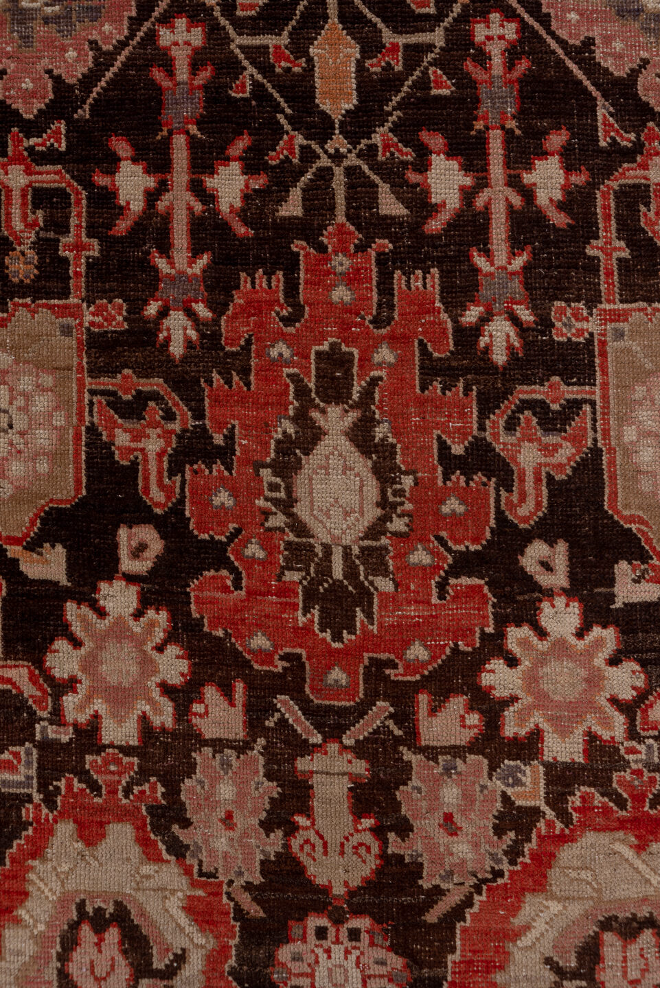 3' x 18' one-of-a-kind handmade vintage Karabagh runner rug. Color palette: brown, gray, pink, red
