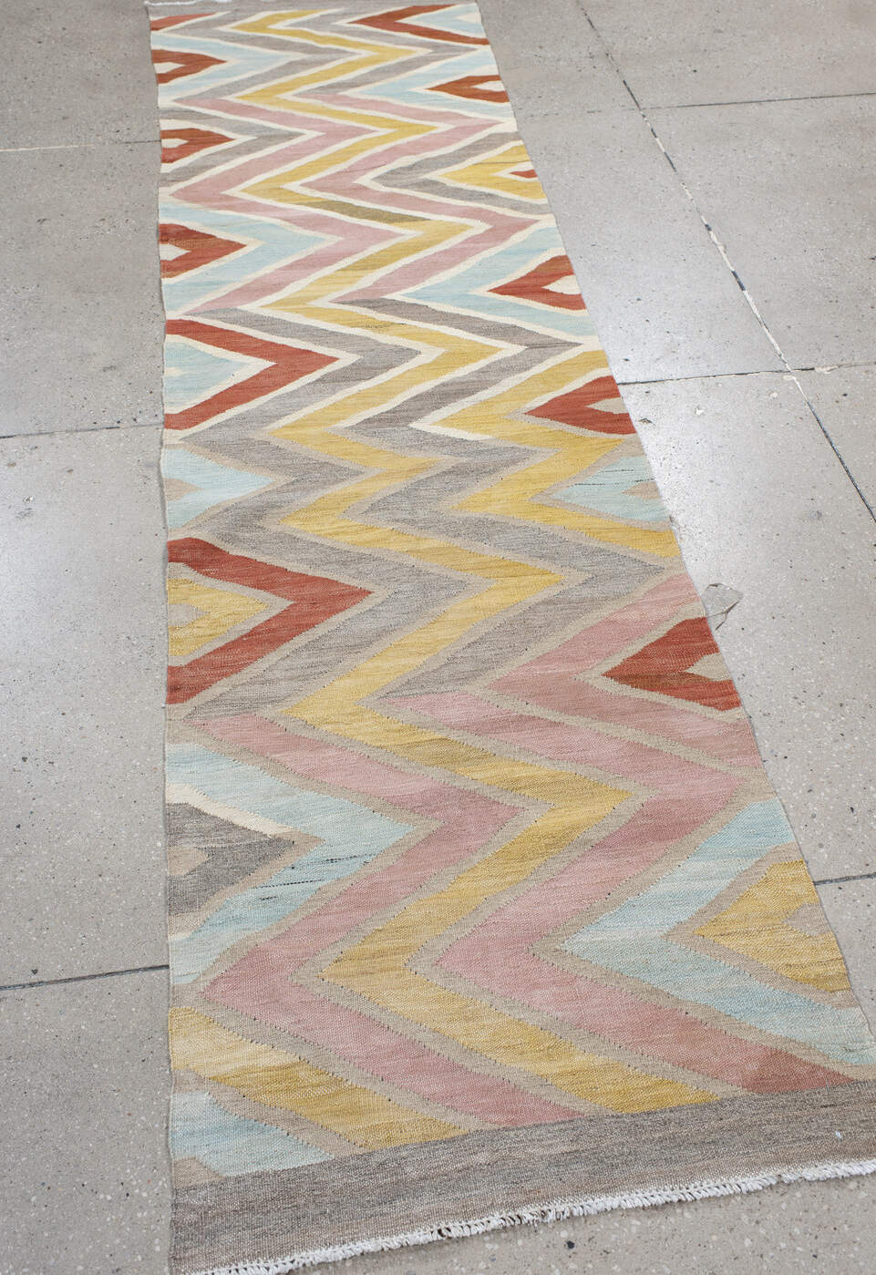 2' x 9' one-of-a-kind handmade vintage Kilim runner rug. Color palette: brown, gainsboro, gray, light gray, off-white, pink