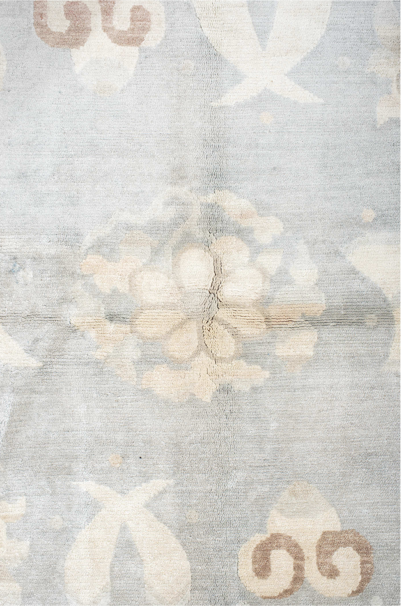 6' x 7' one-of-a-kind handmade vintage Tibetan rug. Color palette: light gray, off-white, gray, pink, brown, gainsboro