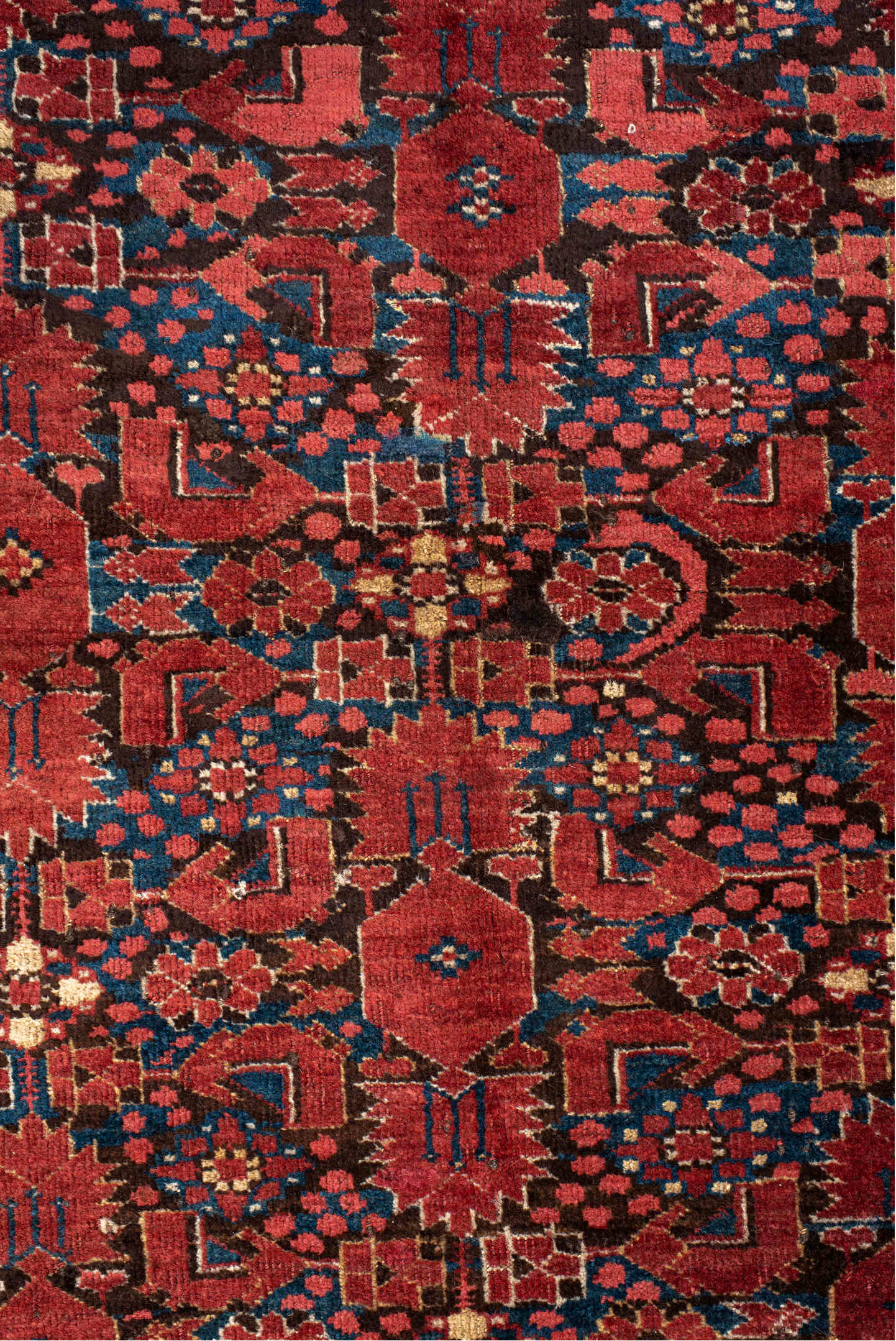 4' x 5' one-of-a-kind handmade vintage Beshir small size rug. Color palette: bisque, black, blue, brown, gray, off-white