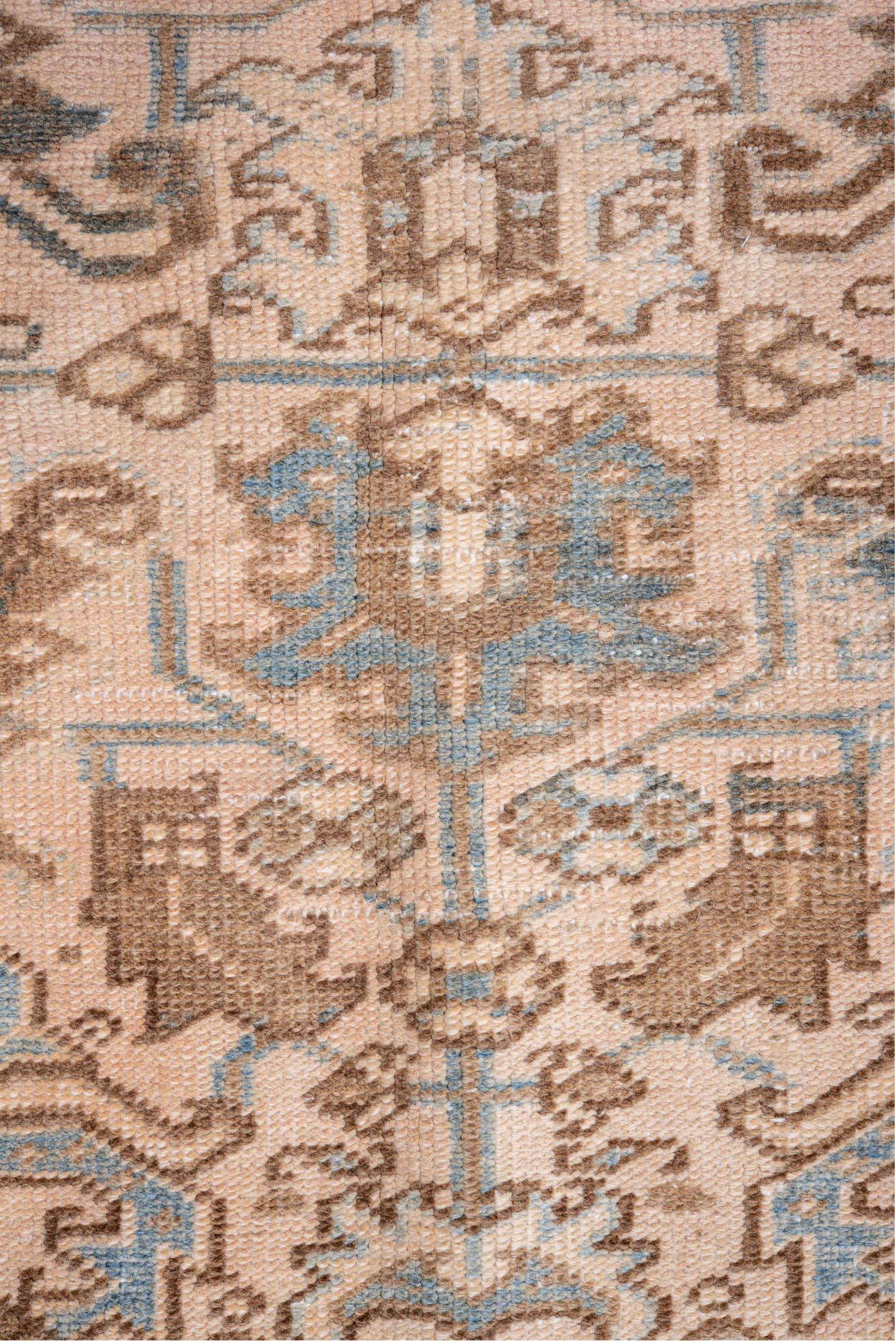 7' x 9' one-of-a-kind handmade vintage Heriz rug. Color palette: brown, dark gray, gray, light gray, off-white, orange, pink