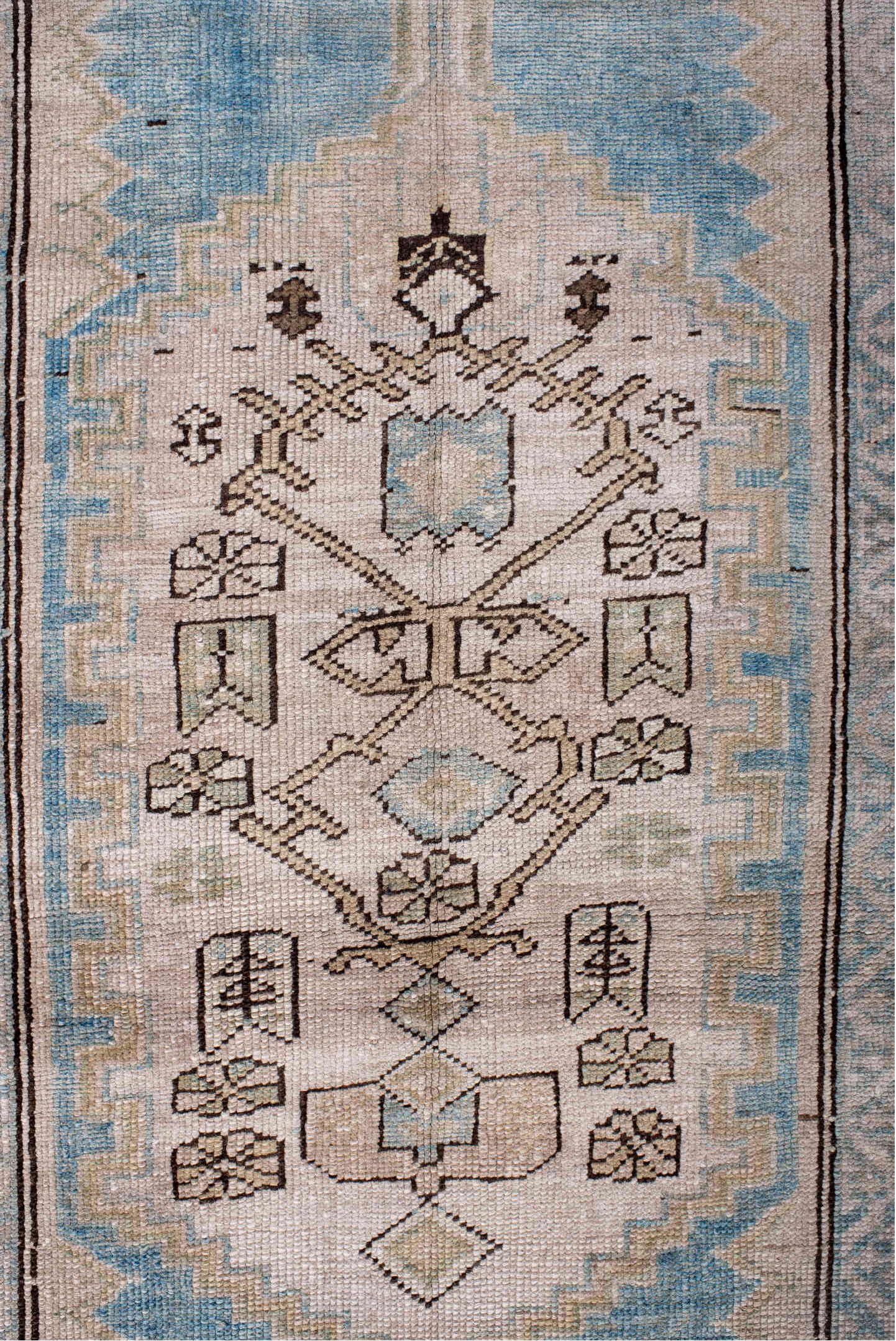 2' x 14' one-of-a-kind handmade vintage NW Persian runner rug. Color palette: black, blue, brown, gray, light blue