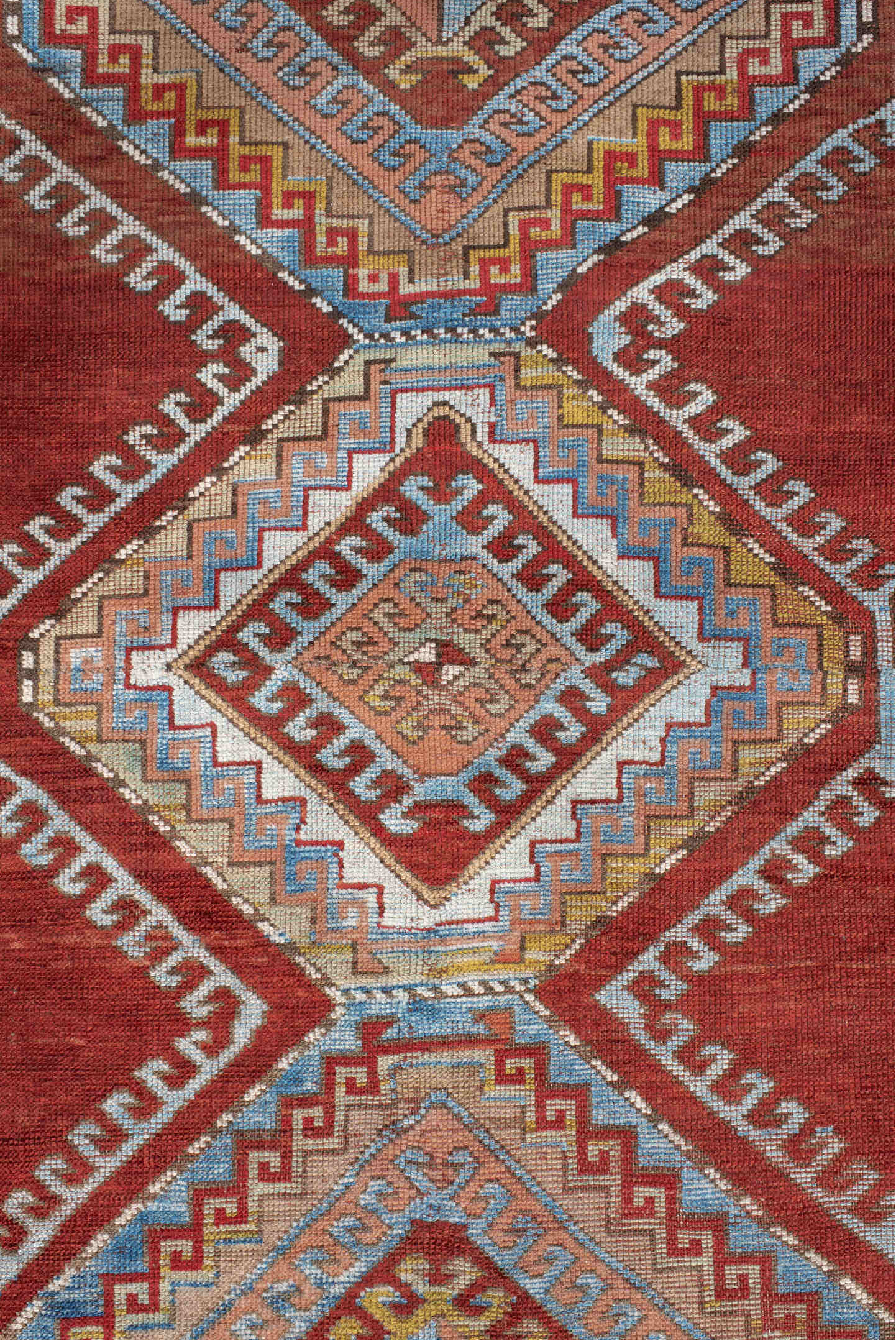 4' x 7' one-of-a-kind handmade vintage Kazak rug. Color palette: blue, brown, dim gray, gainsboro, gray, light blue