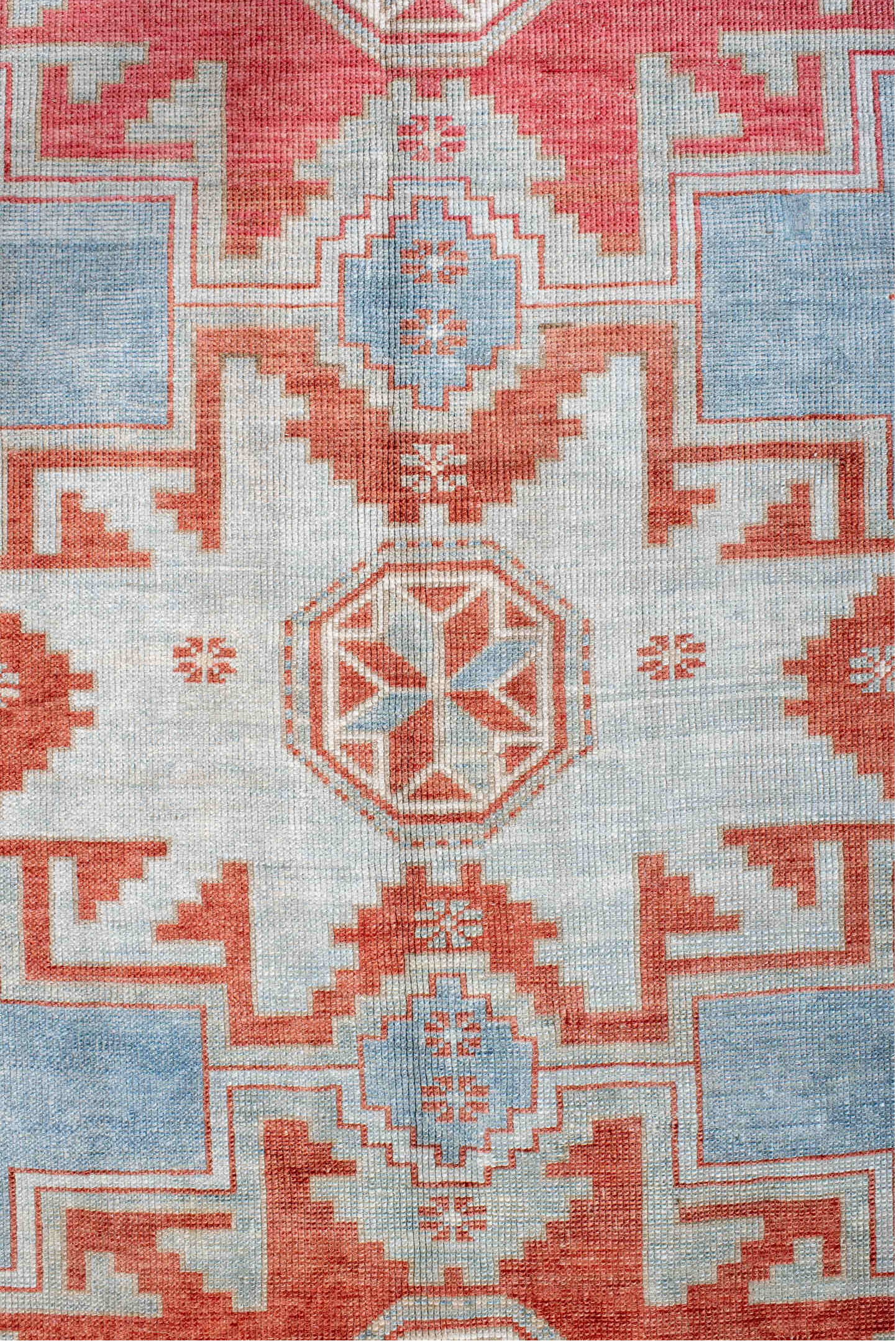 5' x 7' one-of-a-kind handmade vintage Caucasian rug. Color palette: brown, gray, light blue, light gray, light slate gray