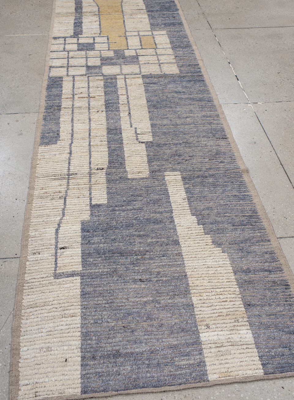 3' x 12' one-of-a-kind handmade vintage Tulu runner rug. Color palette: brown, off-white, gray, orange, blue, light gray