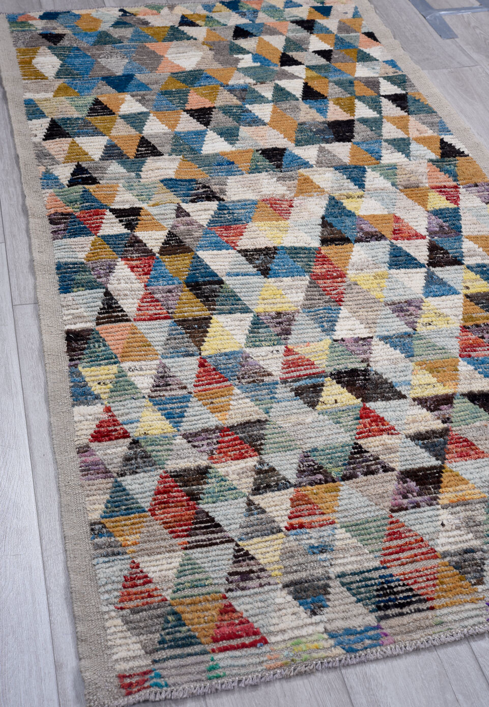 3' x 7' one-of-a-kind handmade vintage Tulu runner rug. Color palette: arapawa, black, blue, brown, dark gray, dim gray