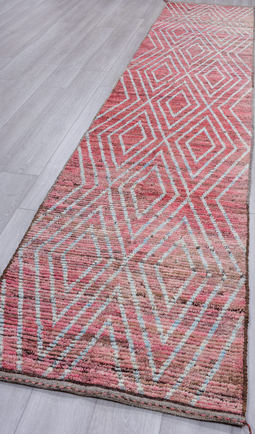 2' x 13' one-of-a-kind handmade vintage Tulu runner rug. Color palette: brown, gainsboro, gray, light blue, light gray