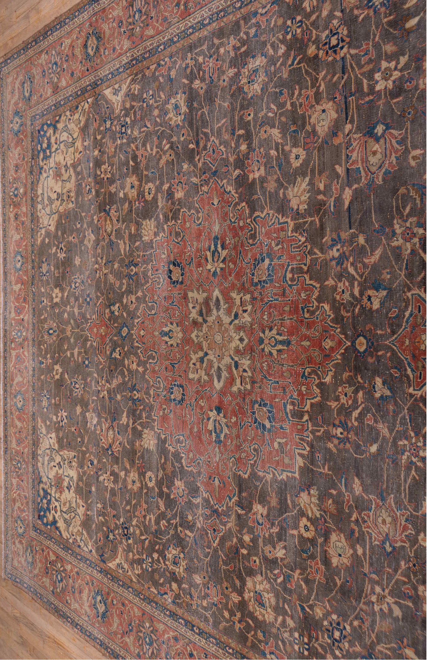 8' x 12' one-of-a-kind handmade vintage Kashan large size rug. Color palette: black, blue, brown, fiord, gray, pink, red