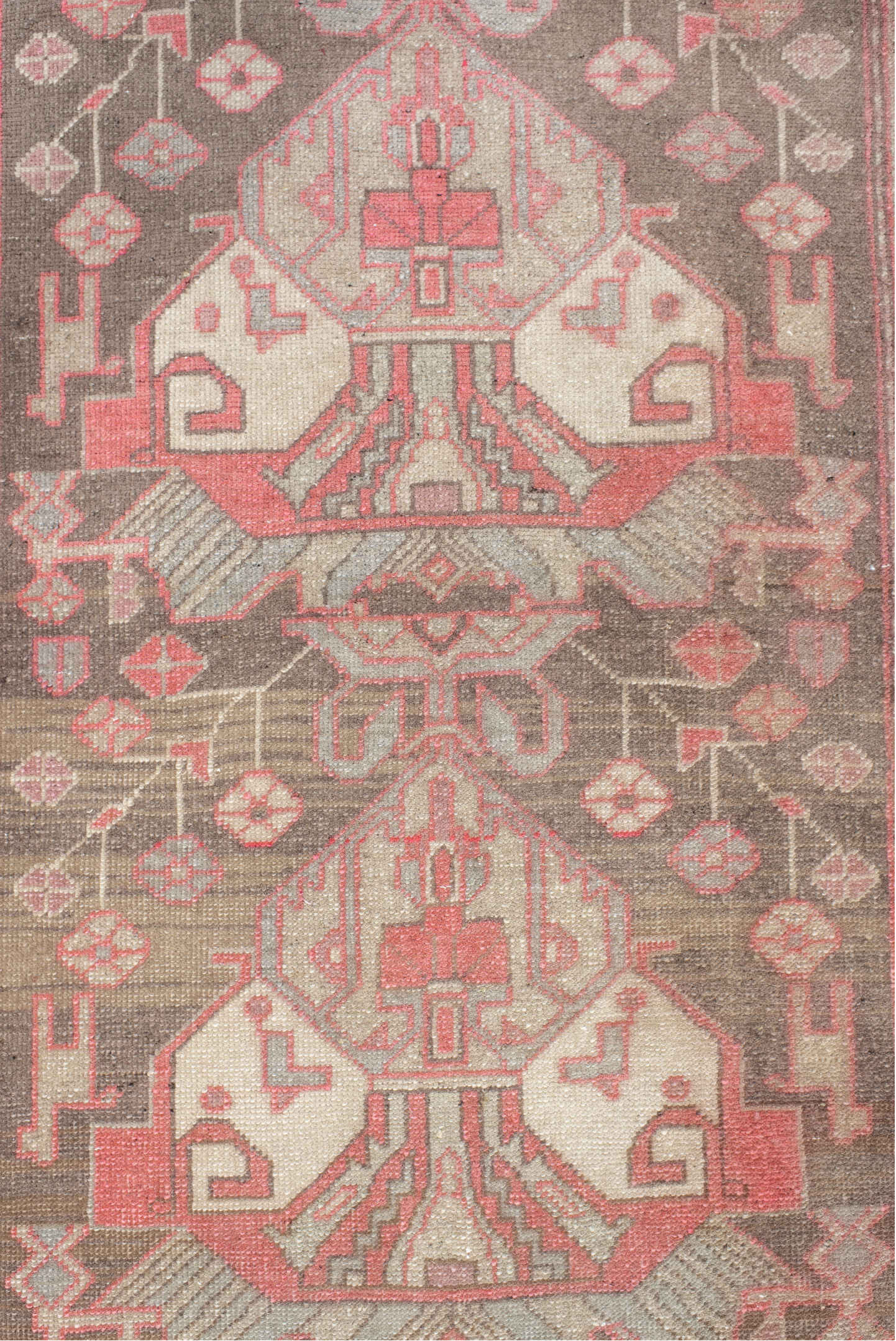 2' x 10' one-of-a-kind handmade vintage Sarab runner rug. Color palette: brown, red, pink, gray, light gray, off-white