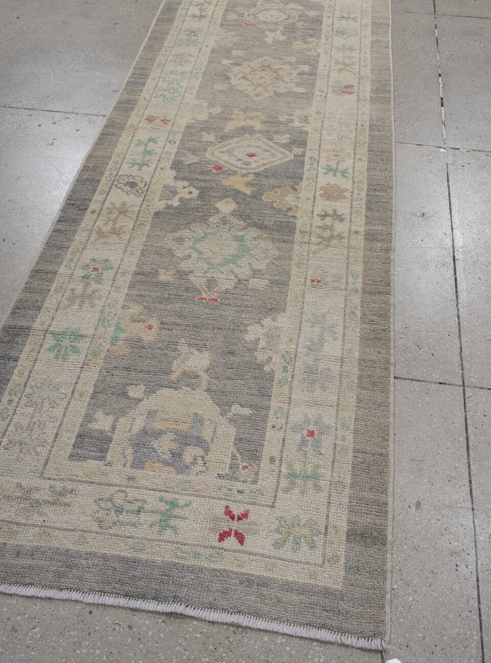 3' x 10' one-of-a-kind handmade vintage Oushak runner rug. Color palette: dark gray, gainsboro, gray, light gray, off-white