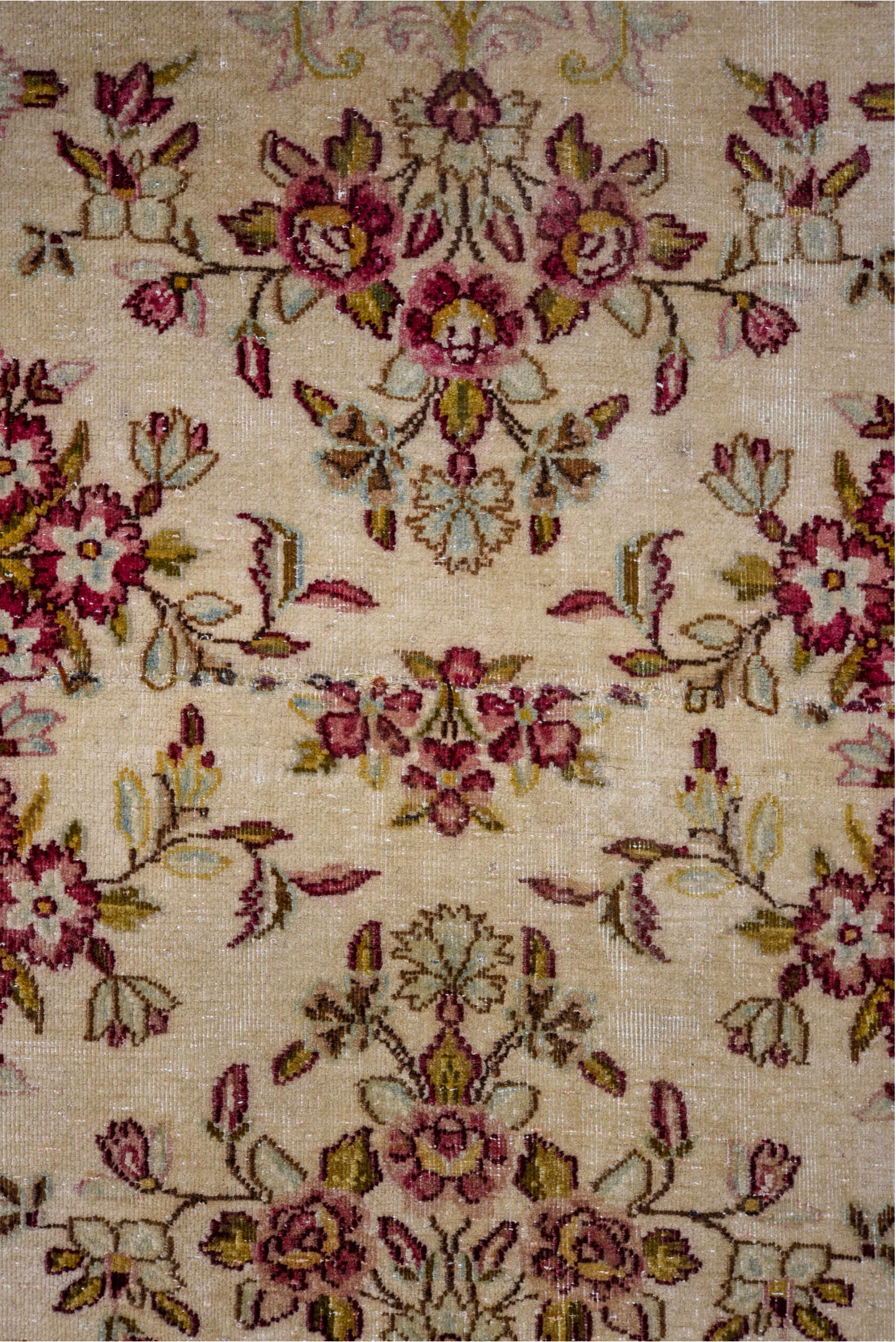 2' x 20' one-of-a-kind handmade vintage Kerman runner rug. Color palette: brown, gray, red, light gray, off-white, pink