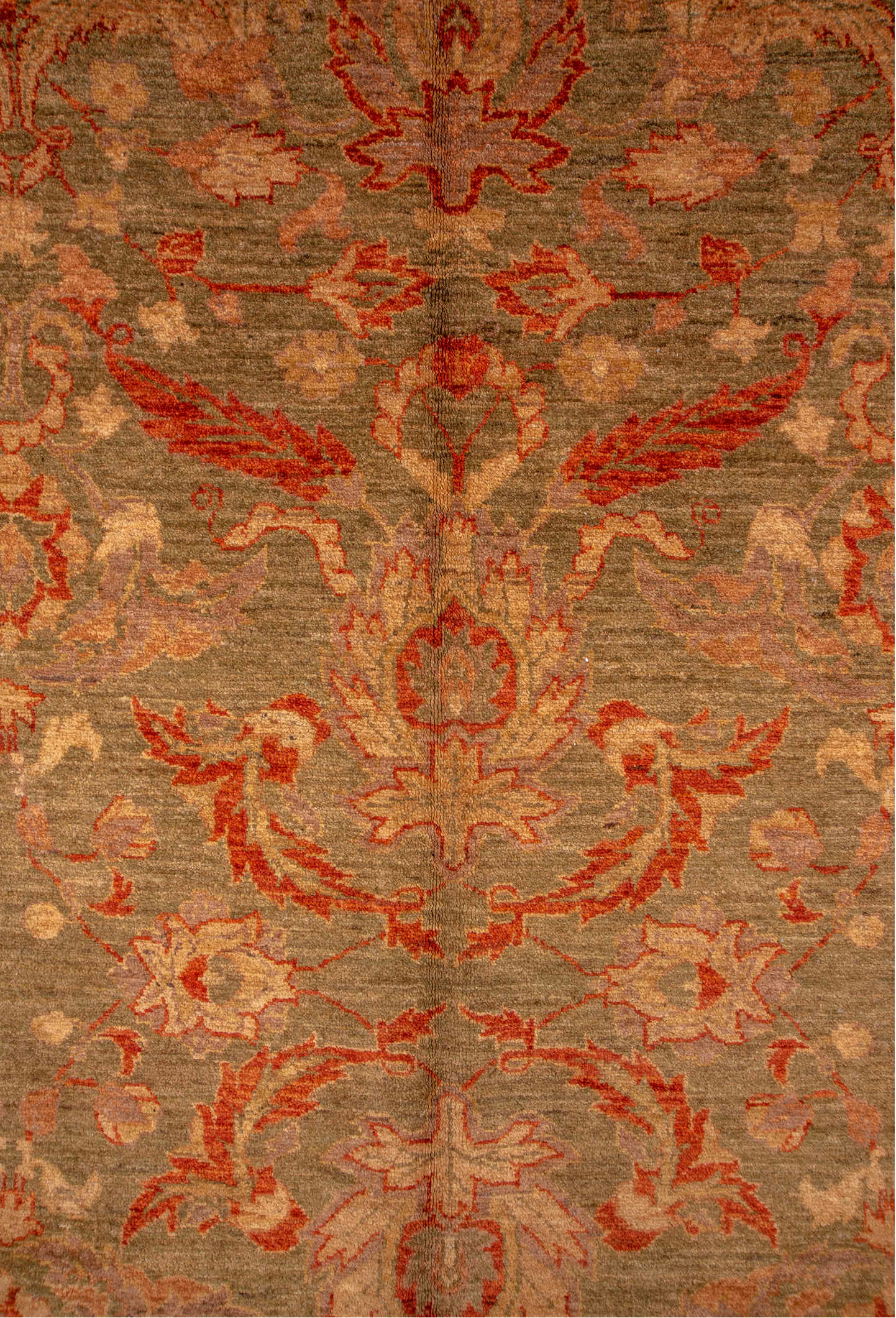 9' x 13' one-of-a-kind handmade vintage Sultanabad large size rug. Color palette: brown, gray, orange, pink, red, sienna