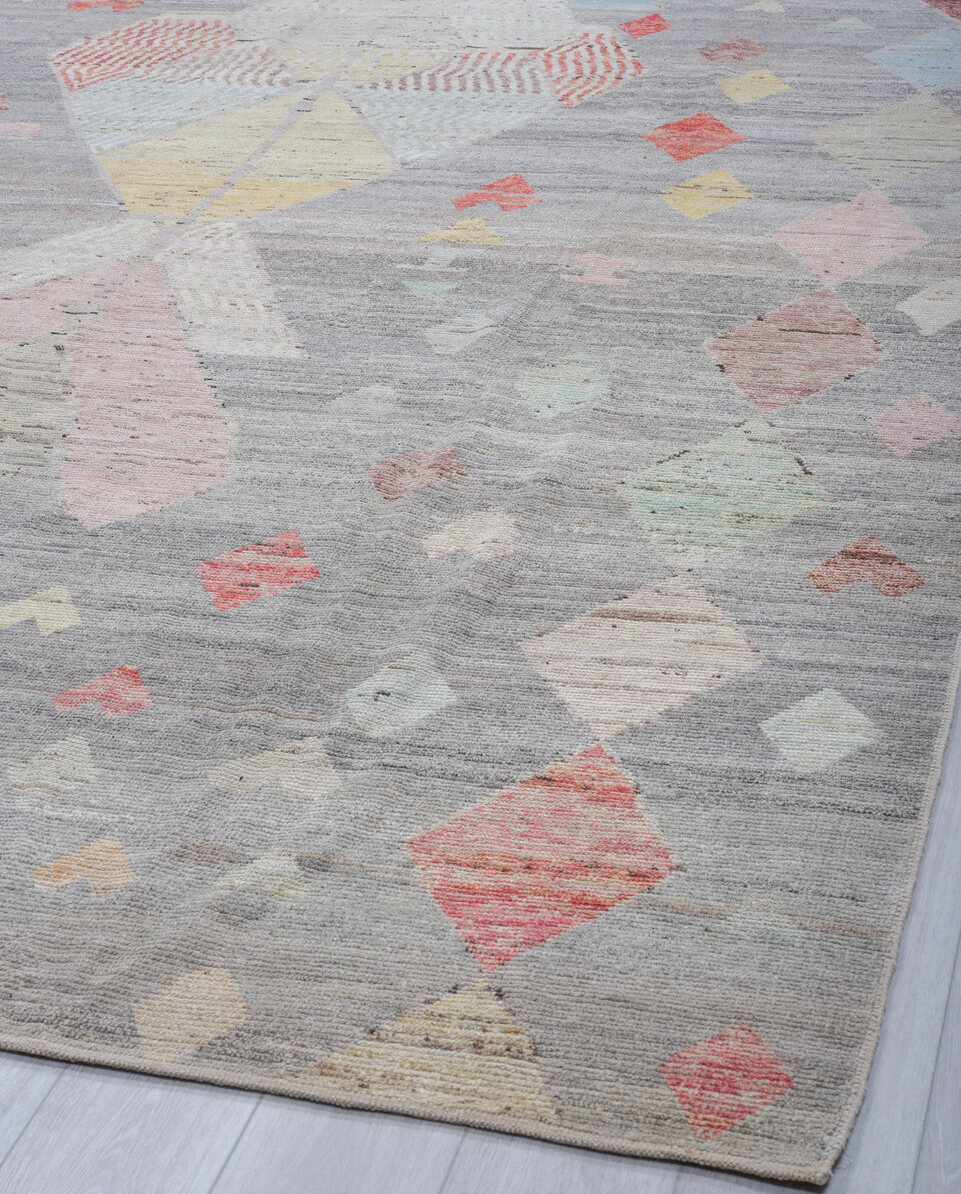 10' x 13' one-of-a-kind handmade vintage Tulu large size rug. Color palette: brown, dim gray, gray, light blue, light gray