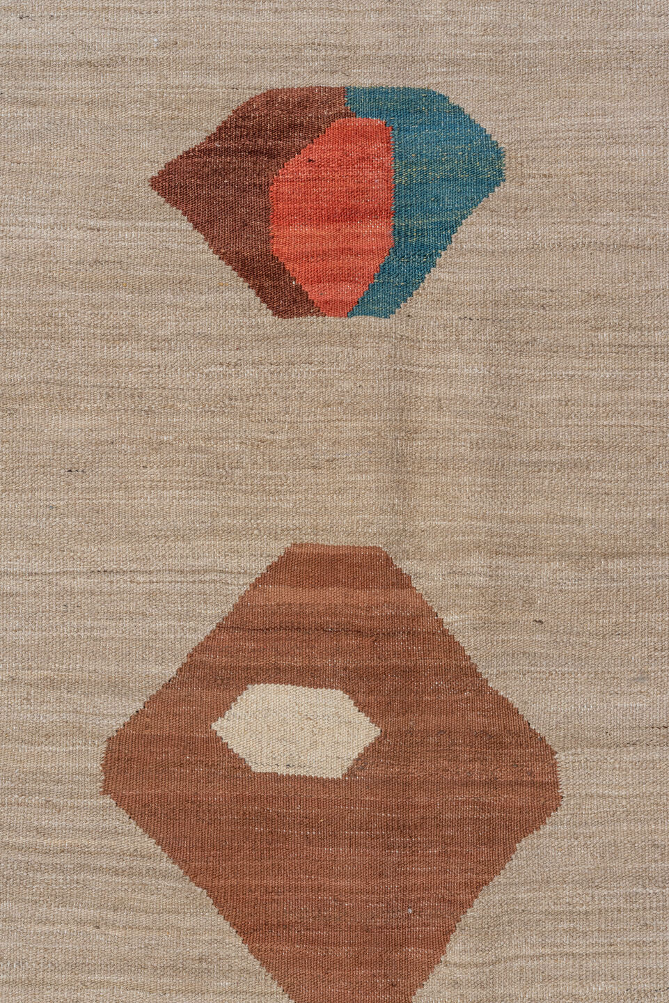 8' x 11' one-of-a-kind handmade vintage Kilim large size rug. Color palette: blue, brown, gray, light gray, off-white, pink