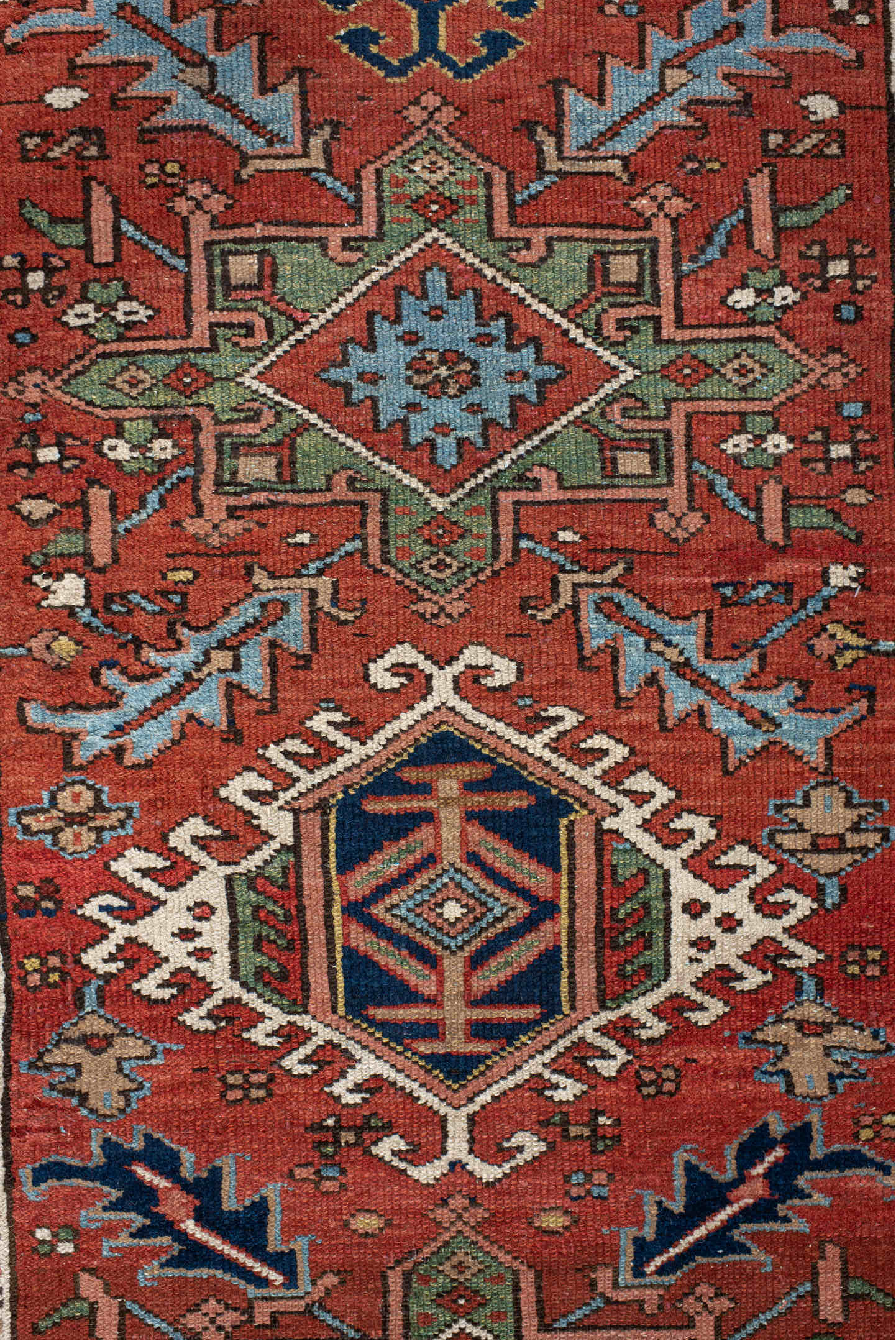 3' x 12' one-of-a-kind handmade vintage Karaje runner rug. Color palette: arapawa, blue, brown, dim gray, gray, light gray