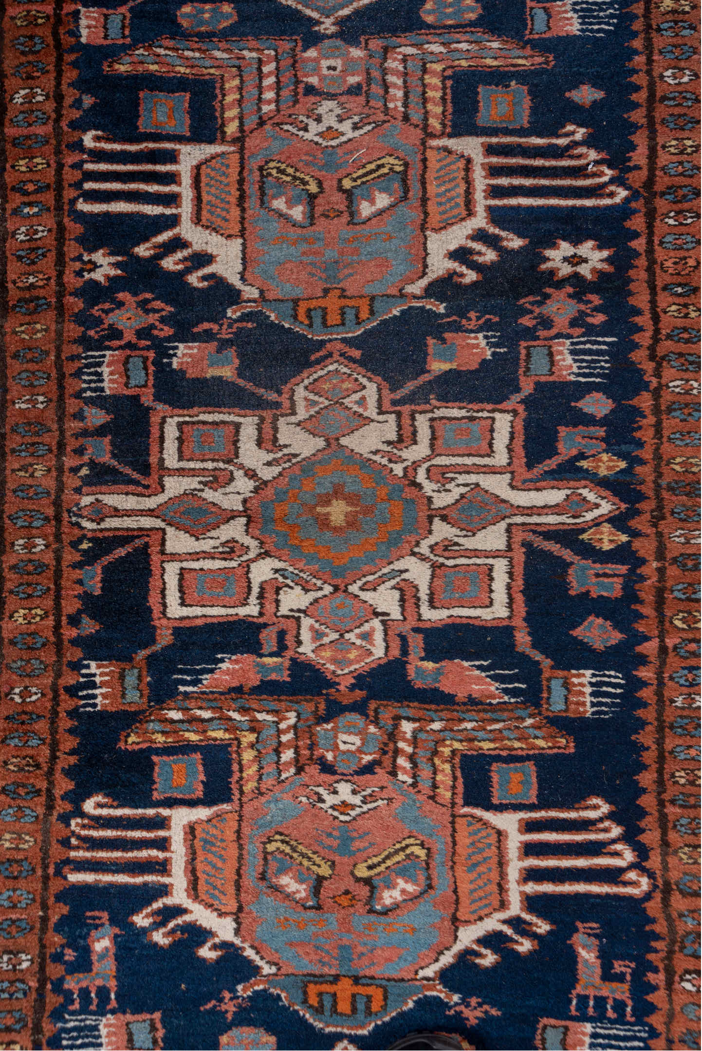 3' x 18' one-of-a-kind handmade vintage NW Persian runner rug. Color palette: blue, brown, gray, light gray, off-white, pink