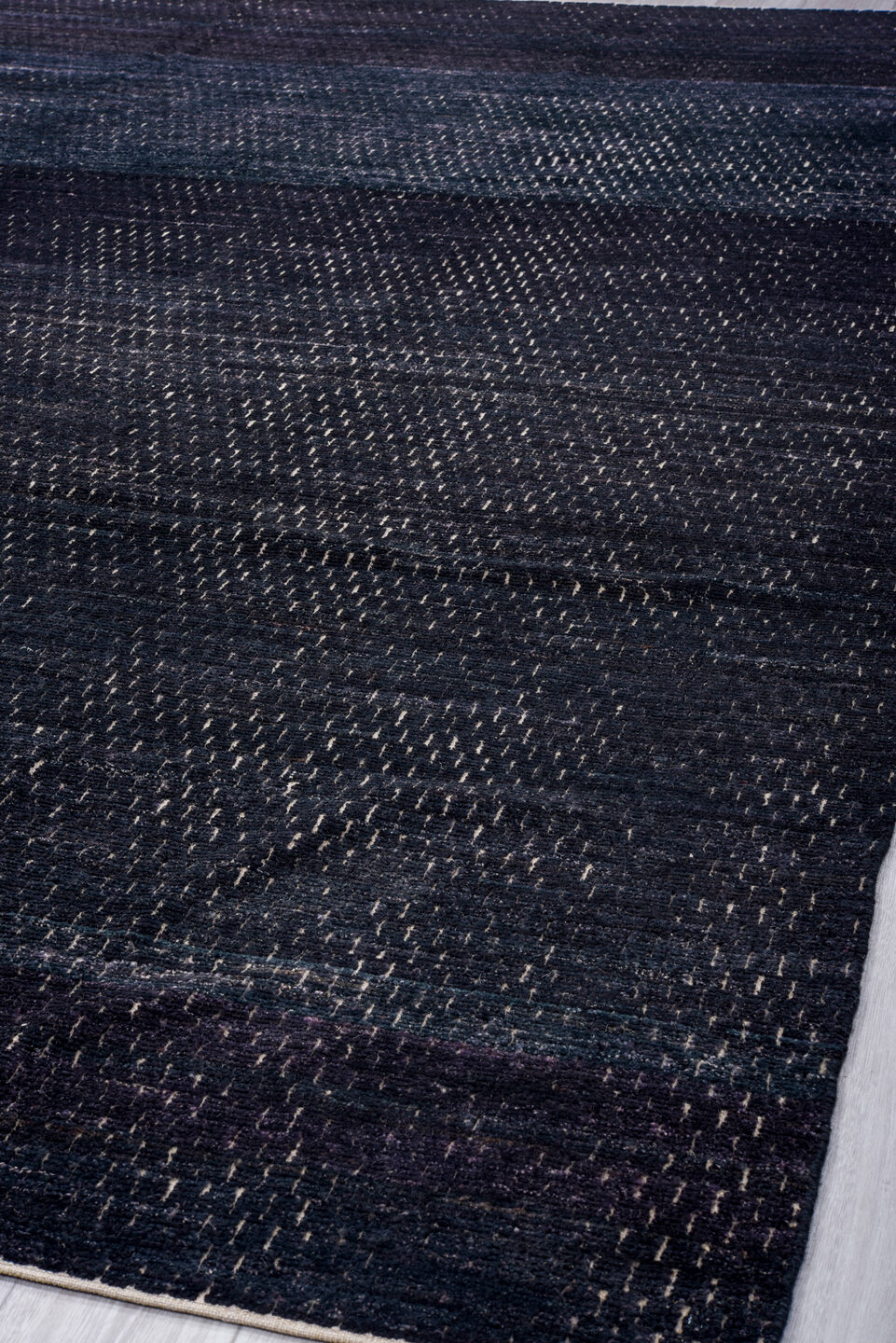 9' x 12' one-of-a-kind handmade vintage Tulu large size rug. Color palette: black, blue, dark gray, gray, light gray