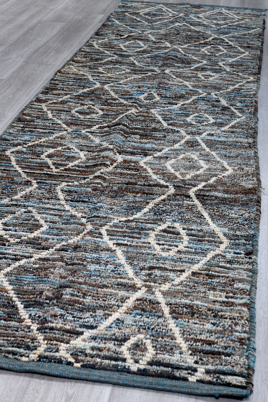 3' x 13' one-of-a-kind handmade vintage Tulu runner rug. Color palette: arapawa, black, blue, charcoal, dark gray, dim gray