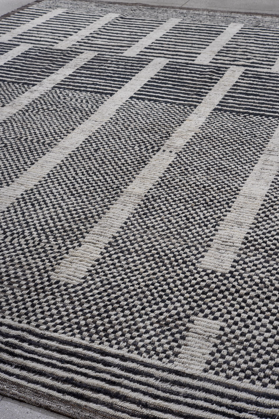 10' x 14' one-of-a-kind handmade vintage Tulu large size rug. Color palette: black, blue, charcoal, dark gray, dim gray