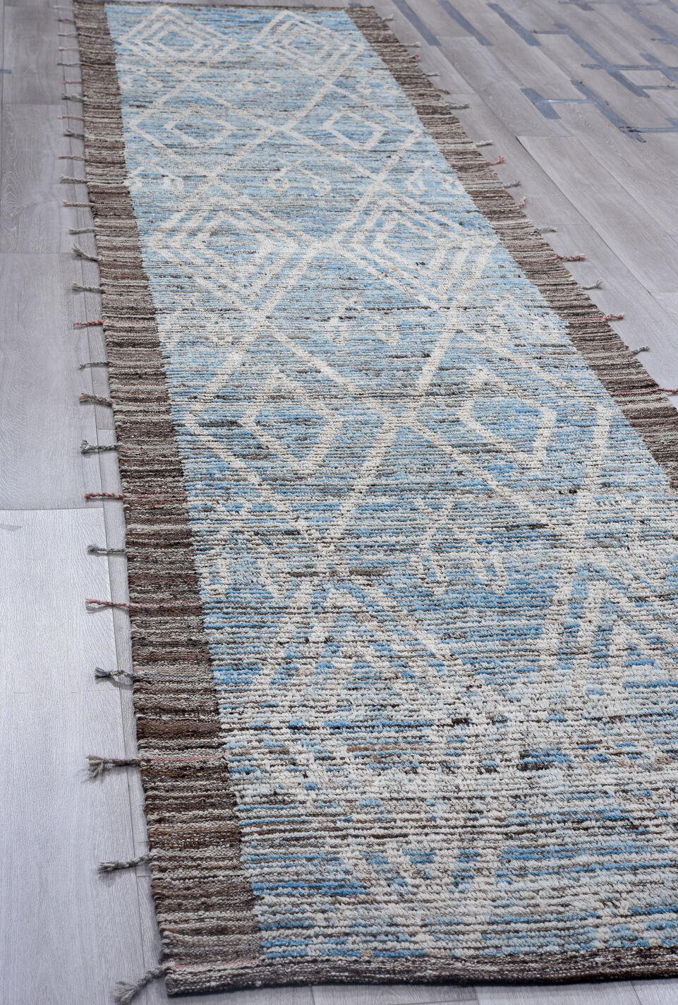 3' x 16' one-of-a-kind handmade vintage Tulu runner rug. Color palette: black, blue, dark gray, dim gray, gainsboro, gray