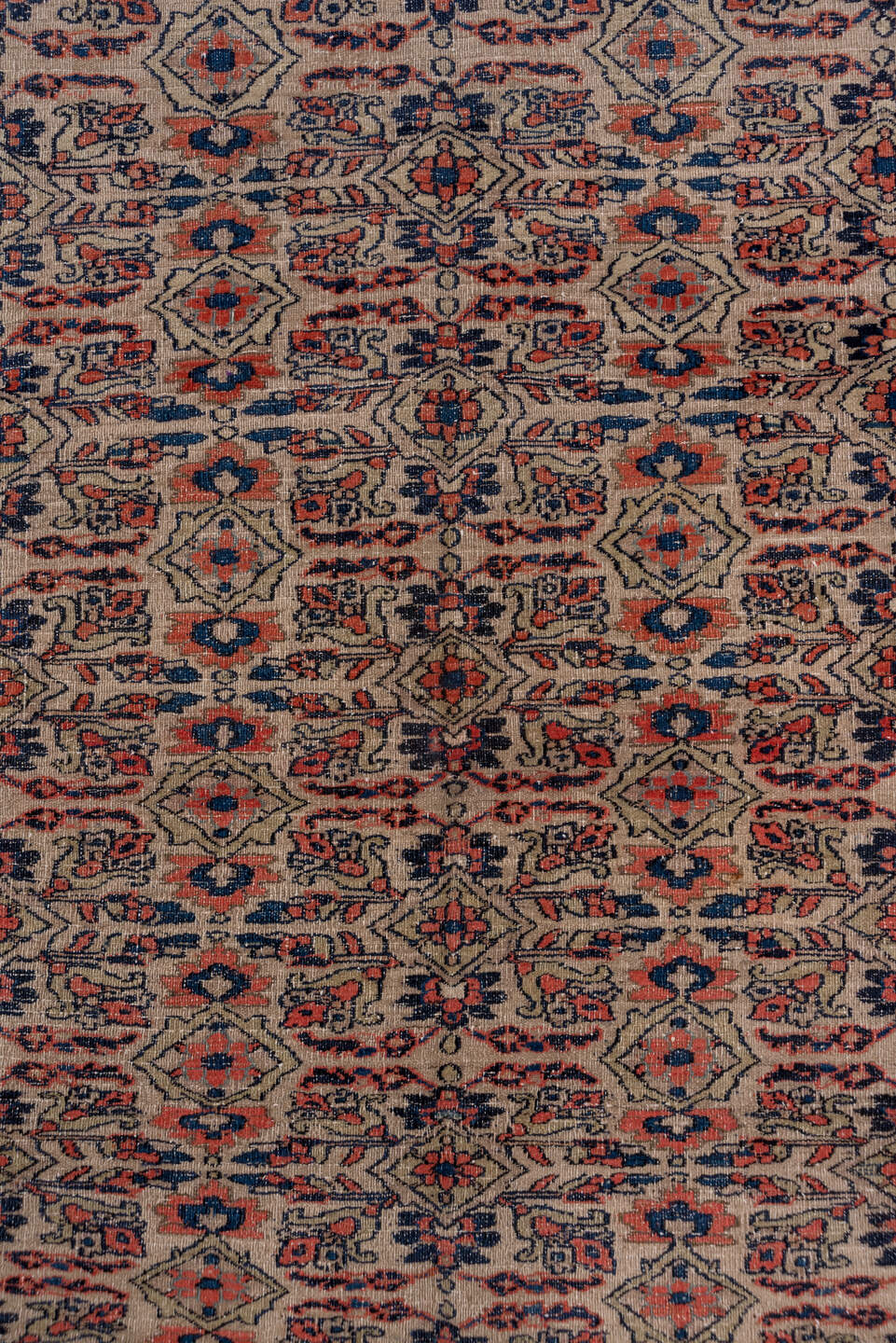 5' x 7' one-of-a-kind handmade vintage Khorassan rug. Color palette: blue, brown, gray, light gray, off-white, pink, red