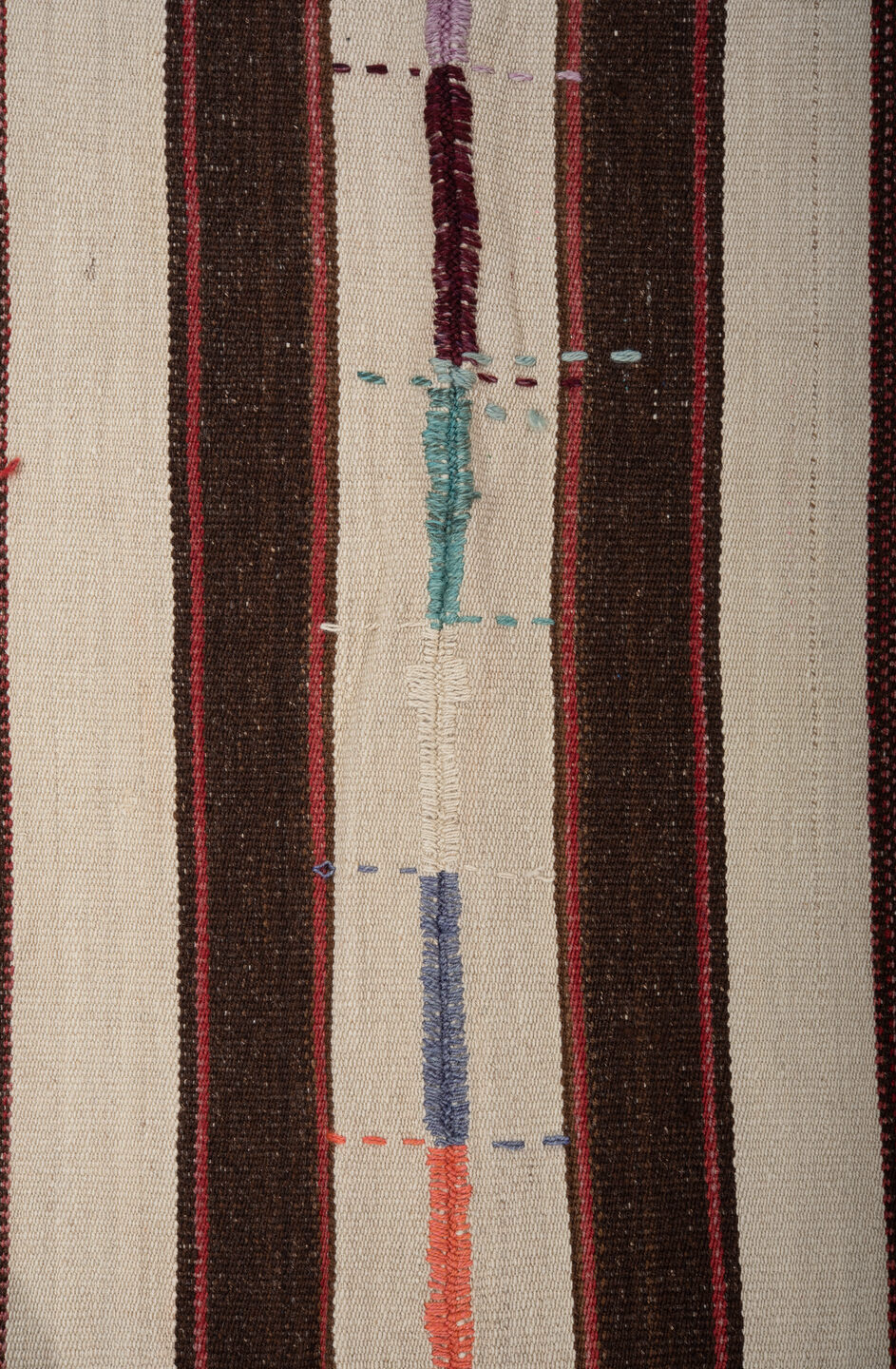 5' x 7' one-of-a-kind handmade vintage Kilim rug. Color palette: blue, brown, cadet blue, gray, green, indian red