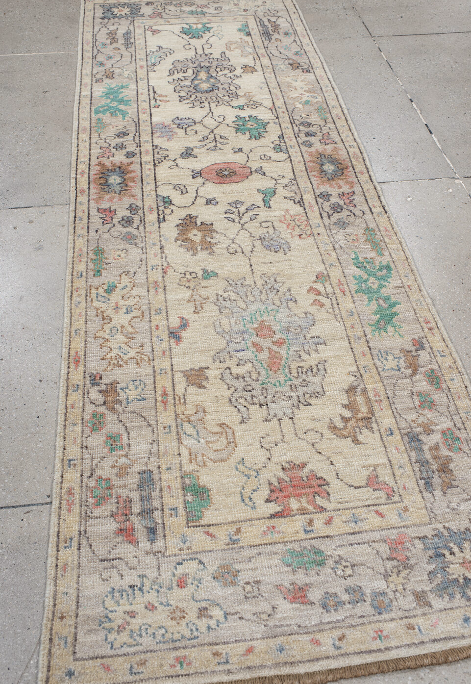 2' x 9' one-of-a-kind handmade vintage Oushak runner rug. Color palette: antiquewhite, blue, brown, gray, light blue