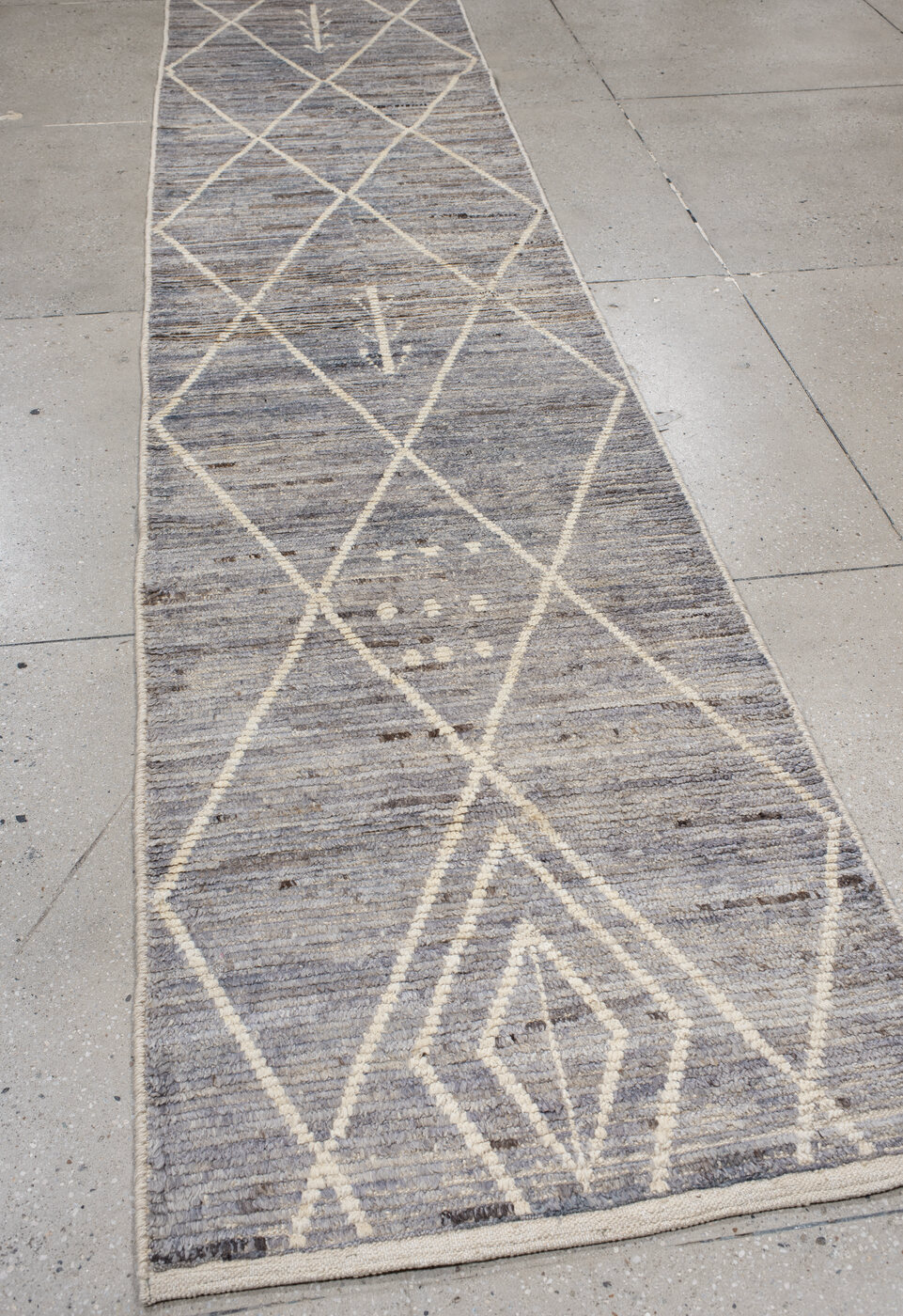 2' x 13' one-of-a-kind handmade vintage Tulu runner rug. Color palette: black, blue, brown, dark gray, dim gray