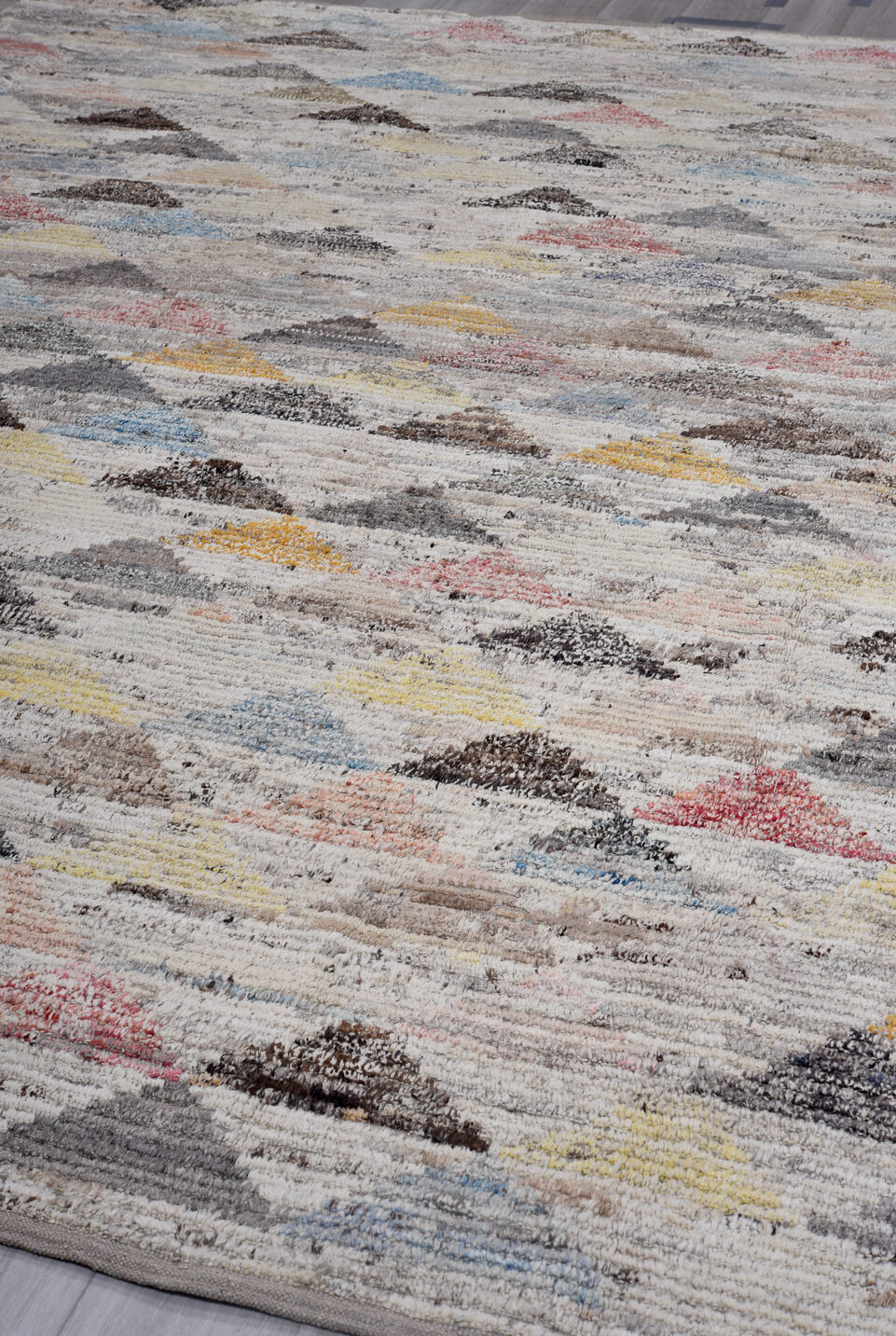 9' x 12' one-of-a-kind handmade vintage Tulu large size rug. Color palette: black, blue, brown, charcoal, dark gray