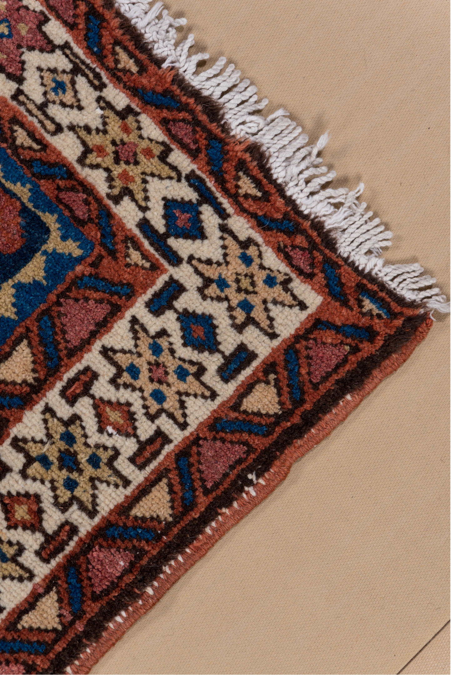 3' x 4' one-of-a-kind handmade vintage Karaje small size rug. Color palette: blue, brown, gray, light gray, off-white, pink