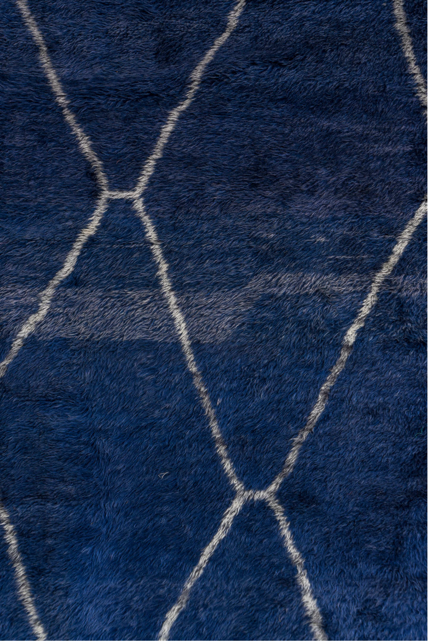 3' x 15' one-of-a-kind handmade vintage Moroccan runner rug. Color palette: blue, gray, light gray, off-white, silver, snow