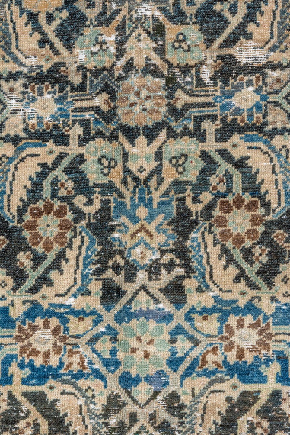 4' x 8' one-of-a-kind handmade vintage Malayer rug. Color palette: black, blue, brown, gray, light gray, off-white, orange