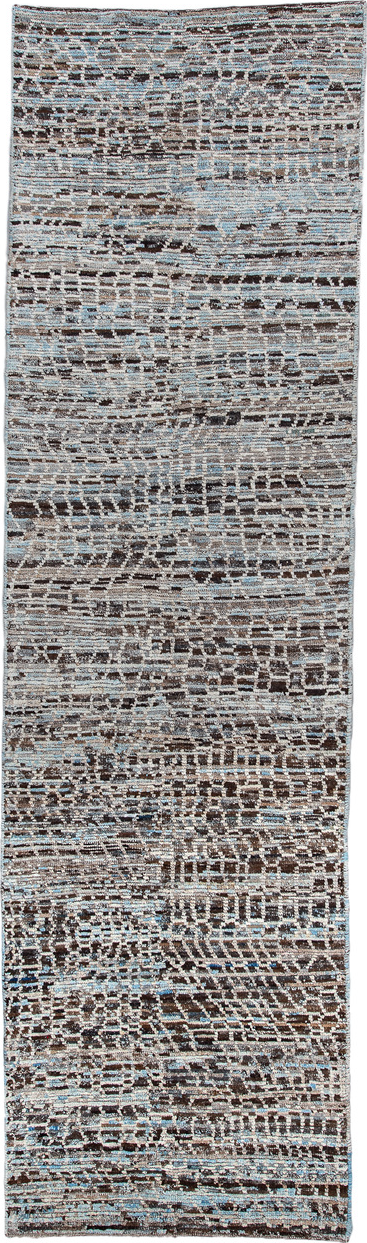 2' x 10' one-of-a-kind handmade vintage Tulu runner rug. Color palette: gray, light gray, off-white, brown, black, blue