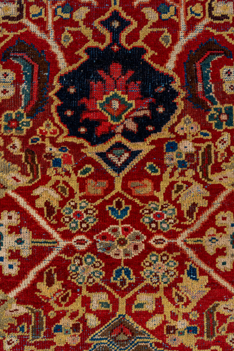 8' x 12' one-of-a-kind handmade vintage Mahal large size rug. Color palette: black, blue, brown, charcoal, gray, orange