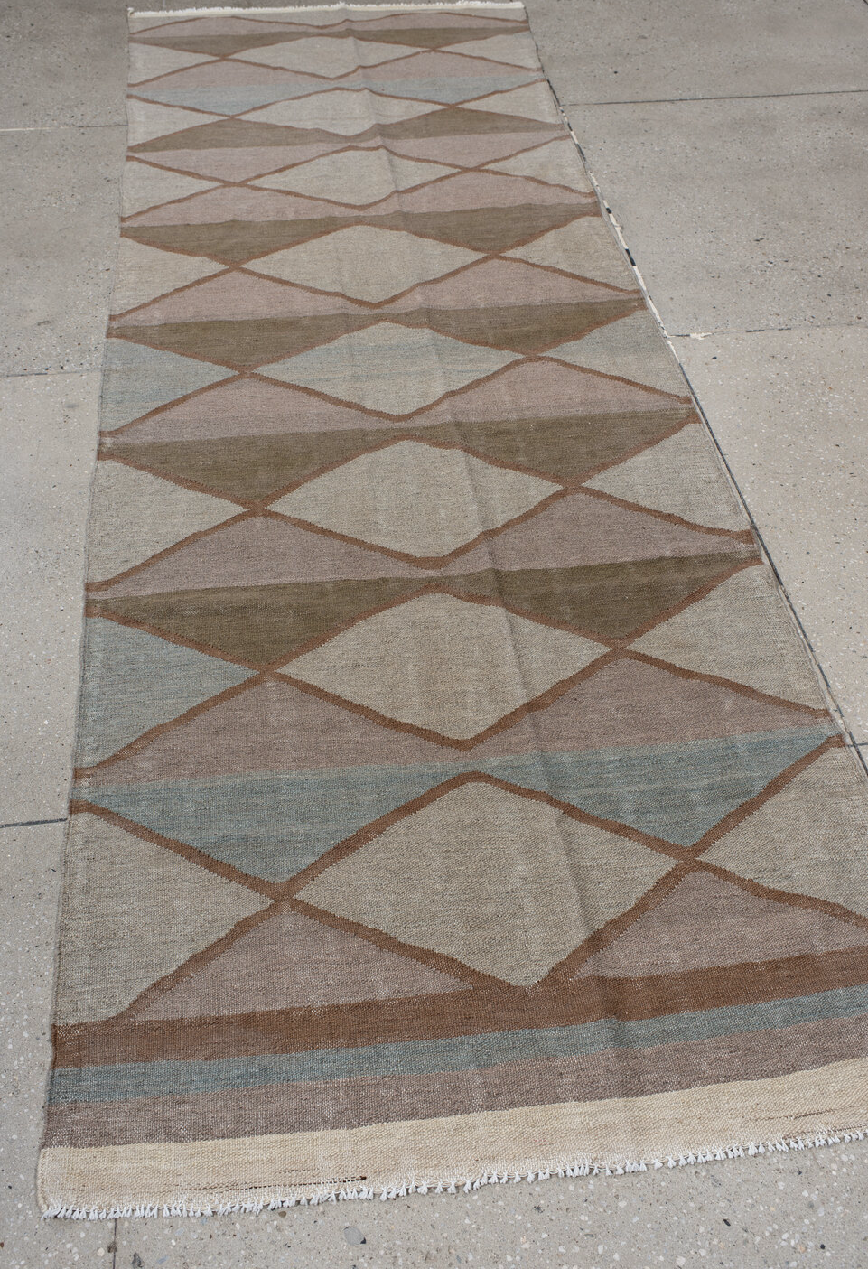 3' x 10' one-of-a-kind handmade vintage Kilim runner rug. Color palette: dark gray, dim gray, gray, light gray