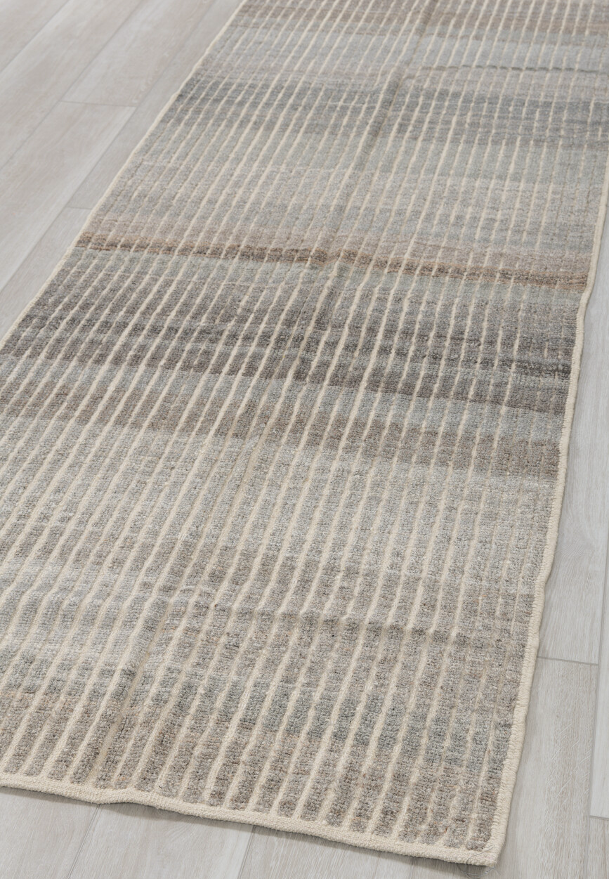 3' x 9' one-of-a-kind handmade vintage Tulu runner rug. Color palette: dark gray, gray, light gray, off-white, pink, silver